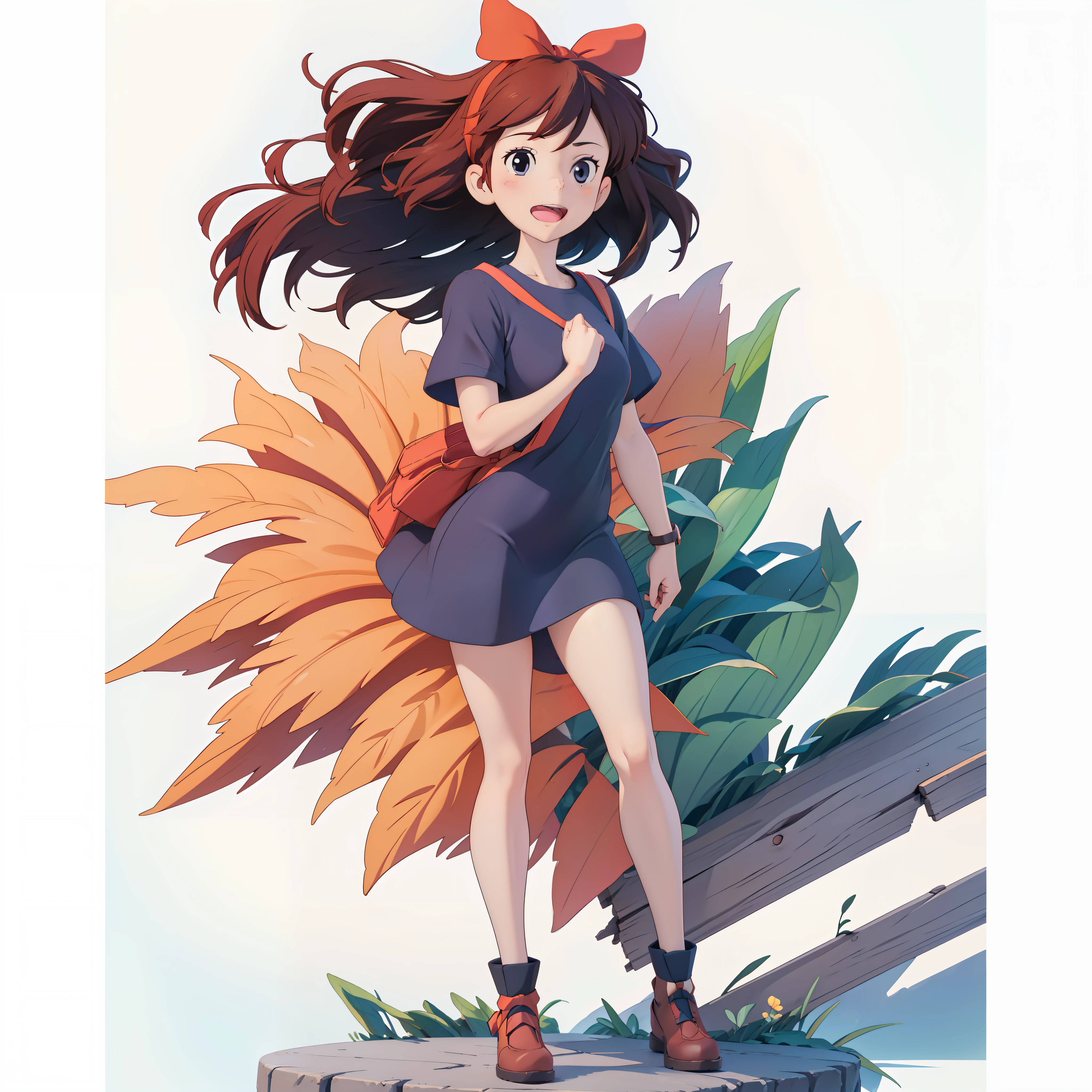 (masterpiece:1.2), (hig quality:1.2), 1girl, full body Kiki, happy, big red hairtie, dark blue short dress, high details, realistic, photography, white flat background, softfocus