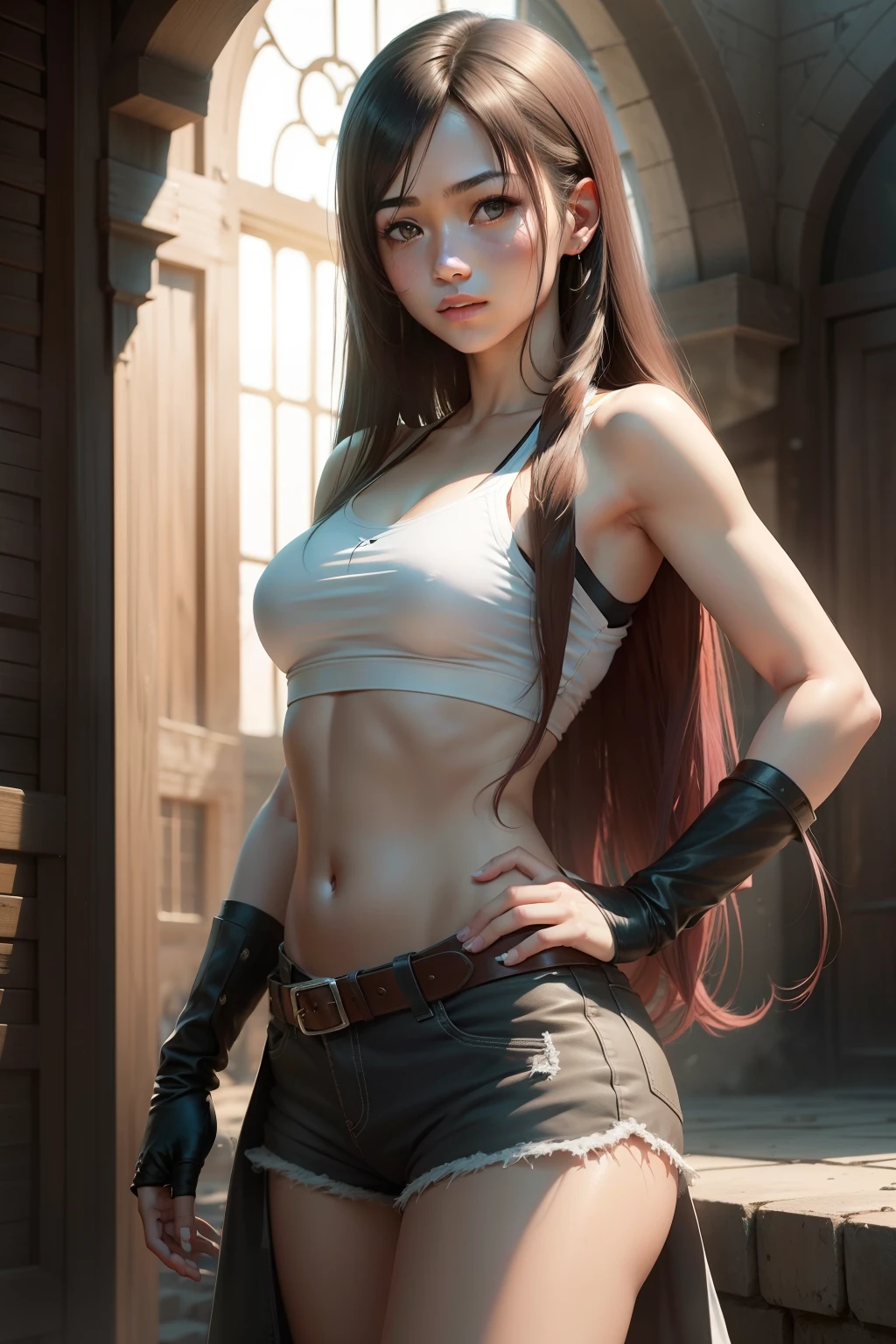 Young Tifa， girl，Long hair spread out，Straighten your hair with both hands，and the sun was shining brightly，Live-action texture，Realistic painting style，Aristocratic temperament，电影灯光，8K quality，The characters are delicate