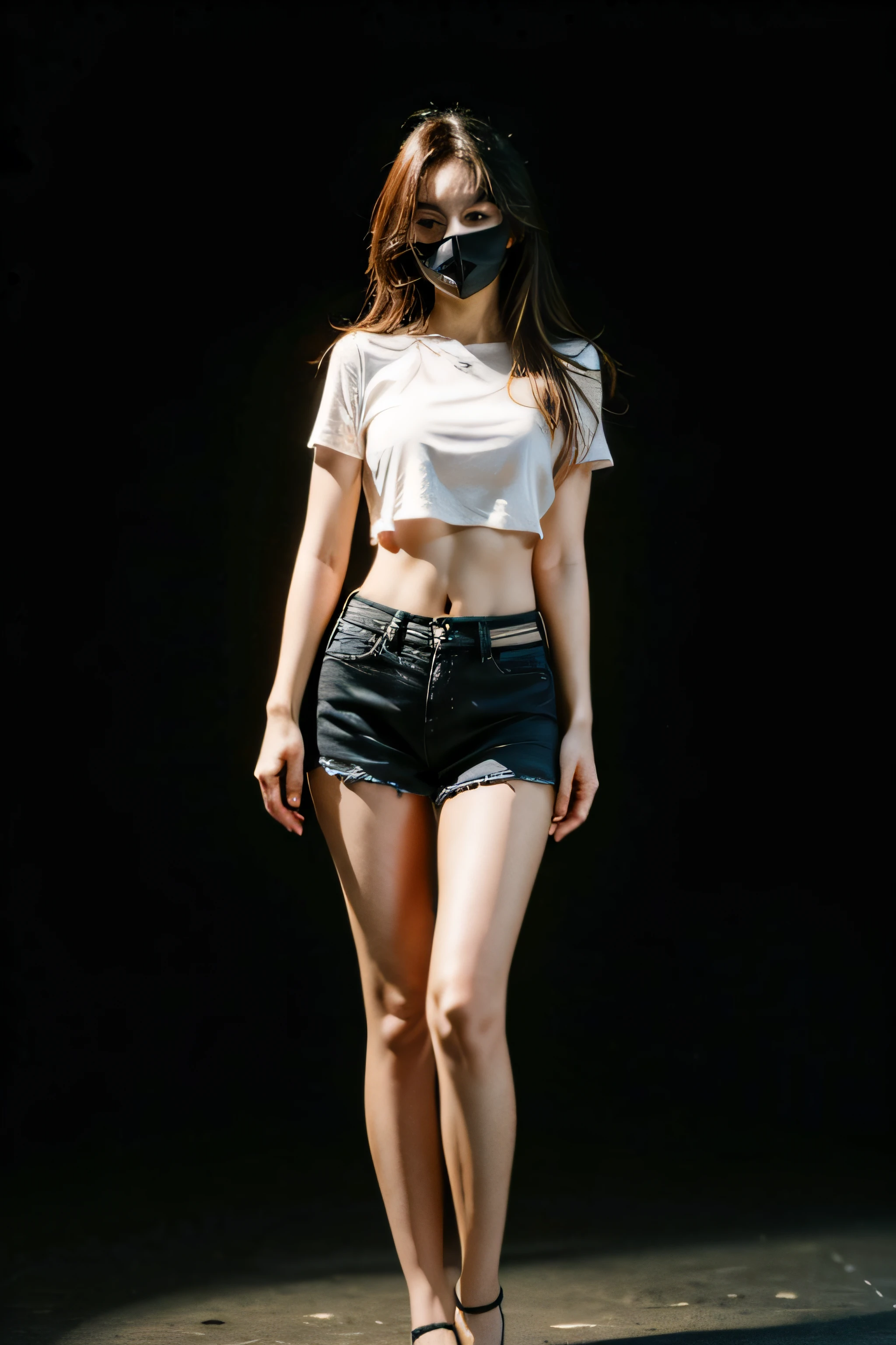 Best Quality, Masterpiece, High Resolution, 8K, (Realistic: 1.4), Ultra High Resolution, 1 Girl, Ultra Detailed, Surreal, Highly Detailed CG Illustration, Official Art, Cinematic Light, Reality, Young Beautiful Girl, Perfect Figure, Perfect Figure, Full View, Perfect Body, (Starting below: 1.3), Mask, Pose, Sexy Long Legs, Confident, Beautiful Sexy, Grey Short Sleeves, Open Abdomen, Black Super Shorts, S-shaped Body, Upturned Hips, Assuming, Posing, Different Perspectives