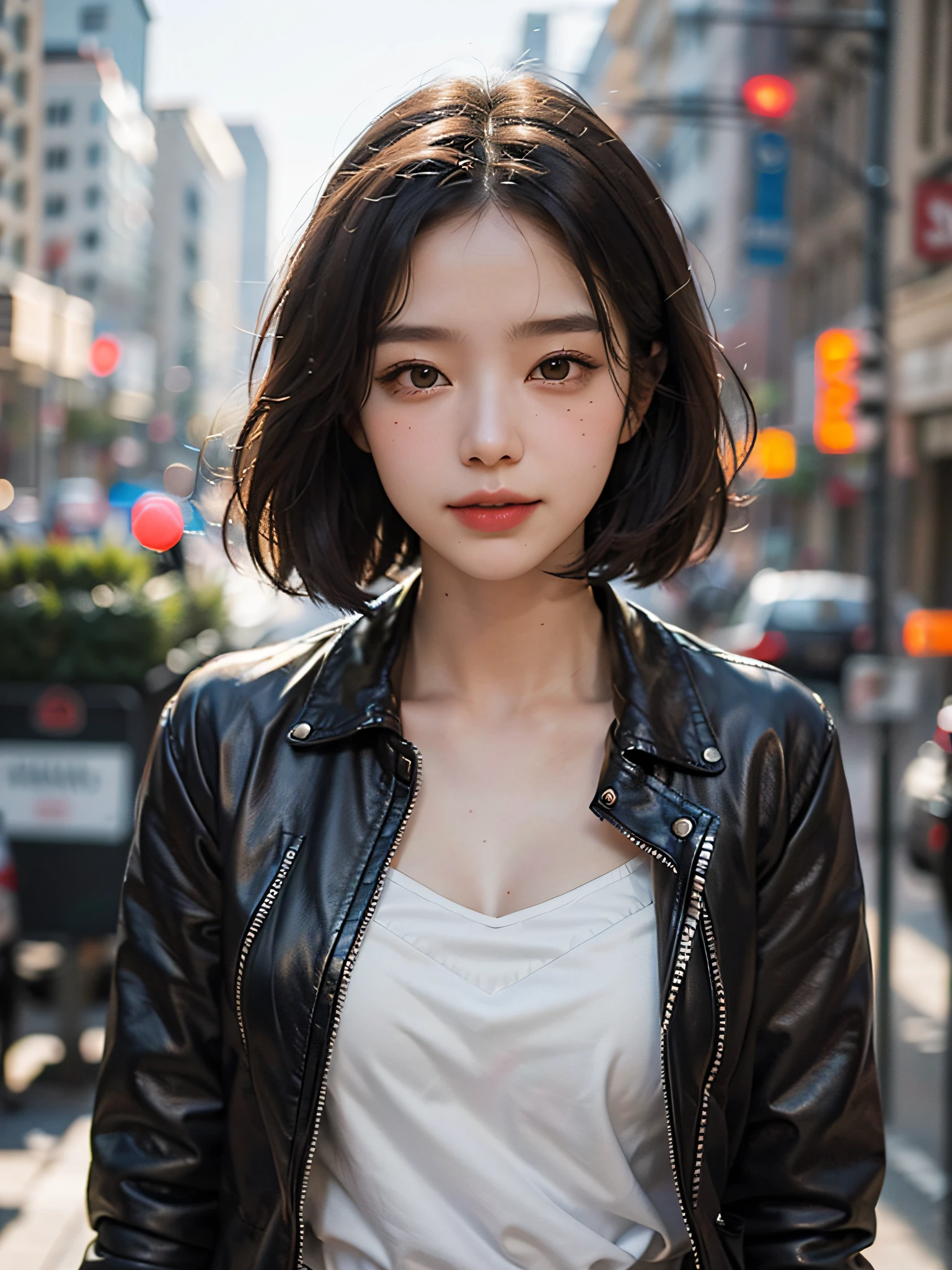 (top-quality、in 8K、masterpiece)、(The best illustrations)、extremely delicate and beautiful、Unity、Amazingly fine detail、超A high resolution、extra detailed face、Superbly detailed eyes、(Best Shadows:1.1)、(photo realistic1.3)、Realistic facial proportions、a handsome female、独奏、(Large breasts)、Slimed、smiling at the viewer、(leather jackets:1.3)、(Tulle tops:1.1)、(JINS)、(makeups:0.4)、dark brown hair、a short bob、(irregular skin imperfections、vein、Wrinkled pores on the skin:1.1)、(bokeh dof:1.4)、Walking around the city、Sunnyday