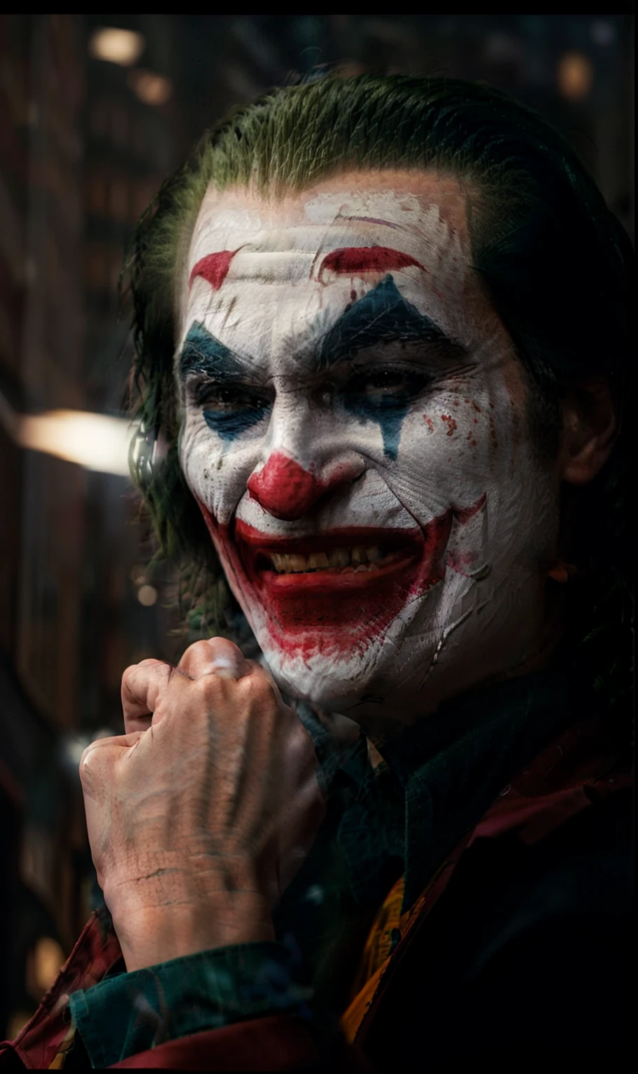 Joker (pointing a gun at his own head) crazy laughing, high detail, sharp focus, photorealistic, moody, smokey, hyperdetailed, 8k, frostbite 3 engine, cryengine, dof, trending on artstation, digital art,( front facing:1.1), city in the background, psycho, psychopath, upper body shot, super detailed hair