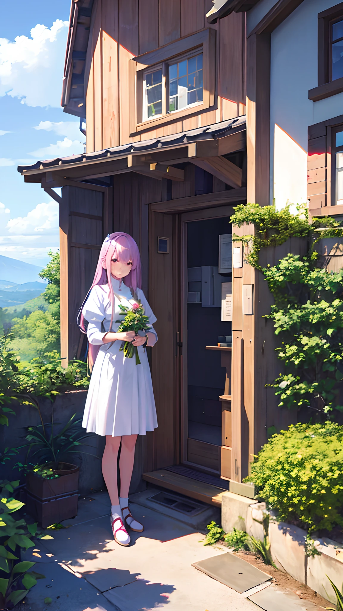 (ultra high res,photorealistic,best quality,photo-realistic),(8k,raw photo,best quality,masterplece),(photon mapping,radiosity,physically-based rendering,automatic white balance),real person,photograph,bridge, building, bush, city, cloud, day, door, fence, field,orest, garden, grass, house, hydrangea, mountain, nature, no_humans, outdoors, path, plant, potted_plant, purple_flower, road, scenery, sky, skyscraper, traditional_media, tree,