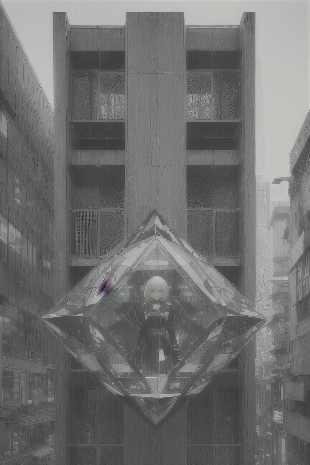 ultra-detailliert,Extreme Detail,Glass Art,Brutalist Influence,Using strobe lighting、Dramatic shadows、highlight、Create images with a sense of depth and dimension,1girl,geometric sharpes,urban aesthetic,industrial design、dynamic ungle,