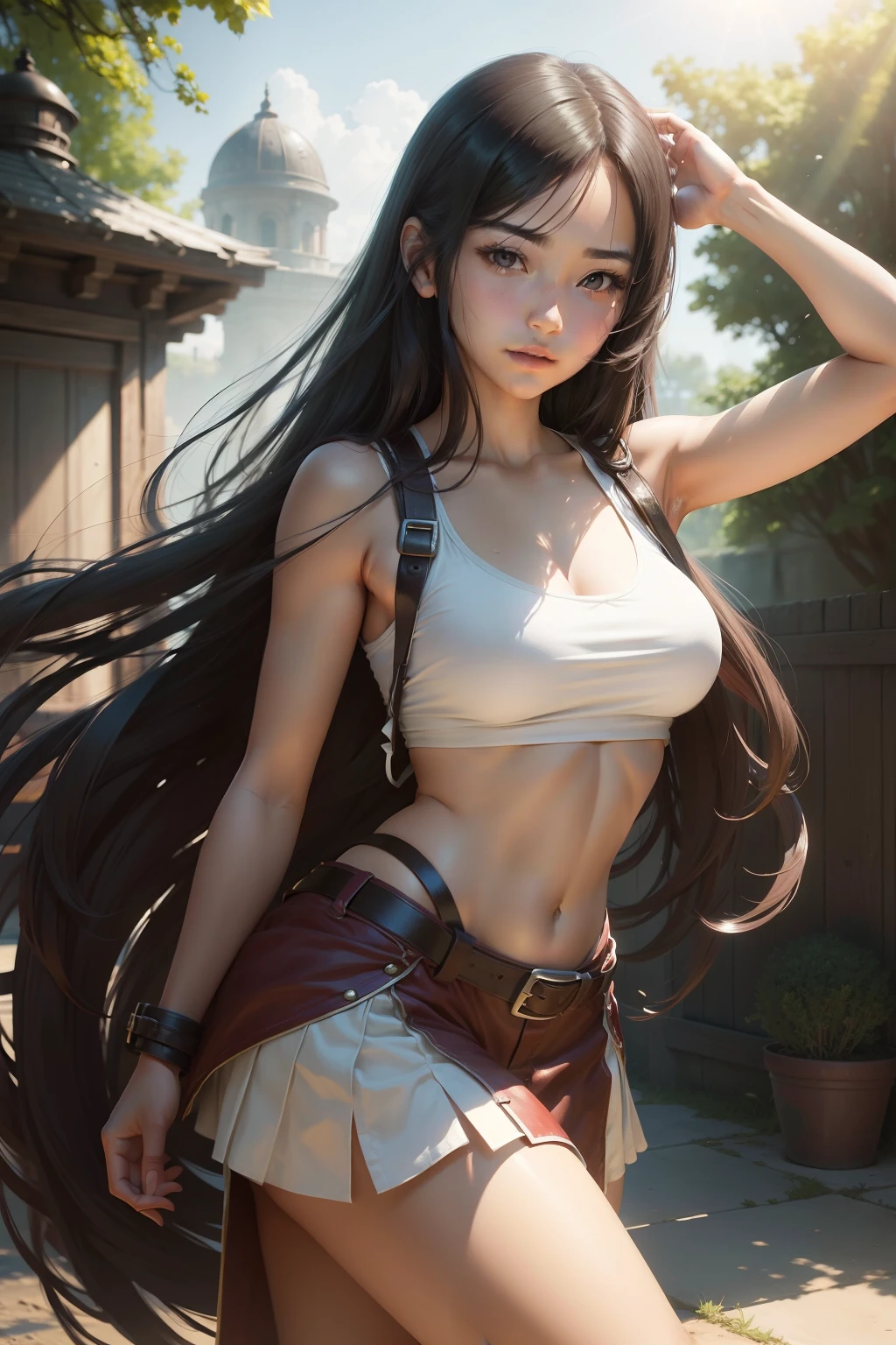 Young Tifa,Loli Girl,Long hair spread out,Straighten your hair with both hands,and the sun was shining brightly,Live-action texture,Realistic painting style,Aristocratic temperament,电影灯光,8K quality,The characters are delicate