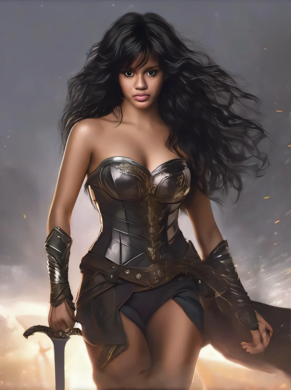 uma mulher em um espartilho e armadura segurando uma espada, Dwayne Johnson como Mulher-Maravilha, beyonce as wonder woman, salma hayek as a barbarian, mulher maravilha, Qiyana, Retrato da Mulher Maravilha, princesa guerreira, Salma Hayek como uma feiticeira, Retrato de Darna moderno, zenescope, Warrior Woman, uma bela mulher guerreira