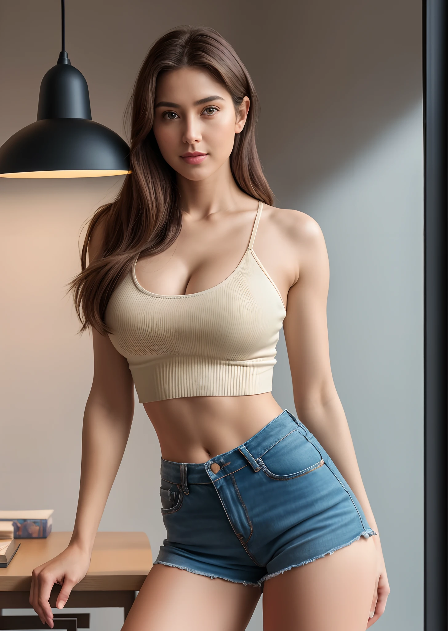 ((NSFW)), 8K, RAW photos, best qualtiy, 超A high resolution, realisticlying, photograph of-realistic, A girl wearing a crop top top, exposed bare shoulders, Ultra-short sheer shorts, Open your legs,standing on office room, big breasts beautiful, A detailed的脸, A detailed, A high resolution, realisticlying, realisticlying, photograph realistic, full bodyesbian, head to toe, leges, Matte skin, pores, Wrinkles, (Very detailed CG unity 8K wallpaper), Photos of the world's most beautiful artwork, Professional majestic(photography of:Steve McCurry),8K, Ultra HD,digital SLR camera,Gentle lighting,high high quality,filmgrain,Fujifilm XT3 sharp focus,F 5.6,high detal,Sharp focus,dramatics,(watch audience:1.2),(Natural soft light)