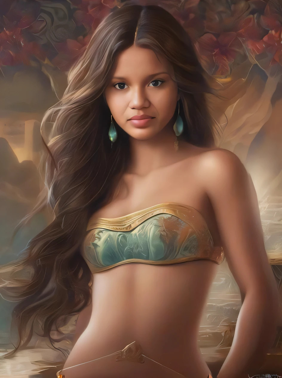 A painting of a woman in a bikini top and earrings, Retrato de uma jovem Pocahontas, pintura de personagem bonita, deusa bonita, retrato bonito da arte da fantasia, Retrato da princesa asteca, lindo pintura digital, Retrato de uma bela deusa, deusa jovem, mulher linda, pintura digital bonita, arte do retrato da fantasia, pintura de fantasia realista, Retrato de Pocahontas, retrato bonito da fantasia