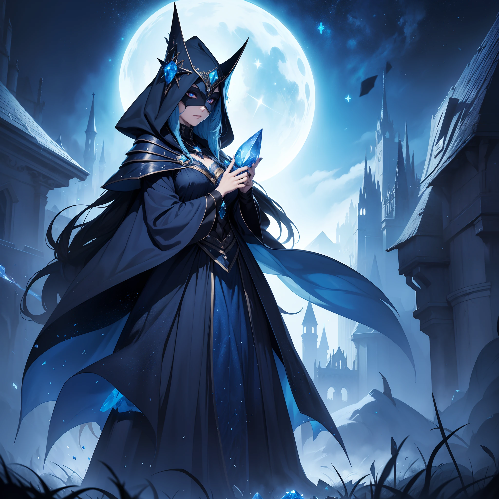 femele, the witch, Masked, Dark Magic Wielder, Fantasyart, Dark blue cloak studded with stars, Holding a crystal in his hand, full-body view, Splatter Watercolor, simple background, in 8K, masutepiece, Best Quality,