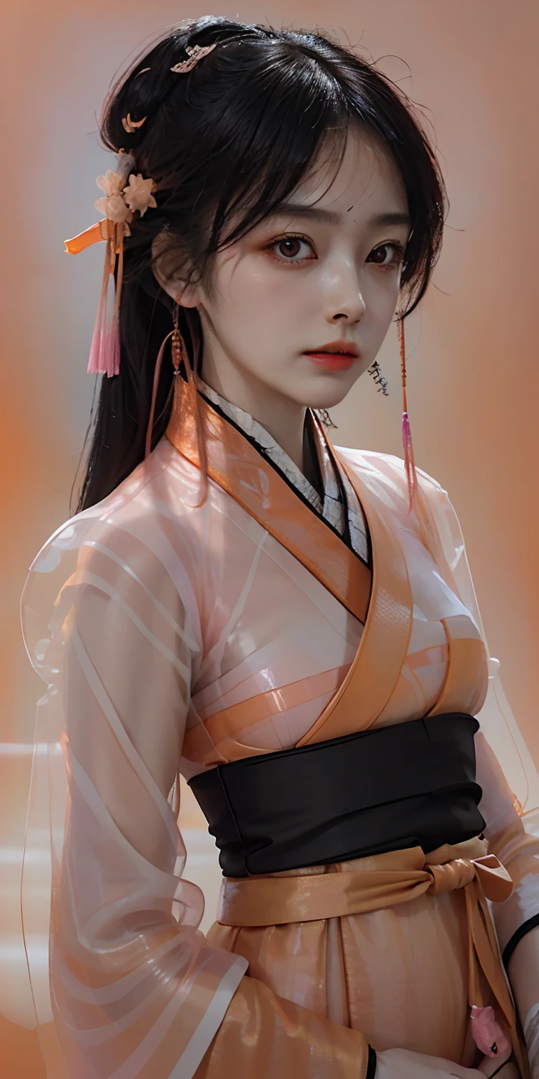 (fluorescent colors:1.4),(translucent:1.4),(retro filters:1.4), (fantasy:1.4),  (orange background:1.4),
(1girl wearing (orange pink  hanfu:1.3), tang style, blunt bangs, black hair),
((portrait:1.5)), looking at viewer,
(masterpiece, 8k uhd, HDR, extreme detailed, intricate details, best quality, professional, vivid colors),