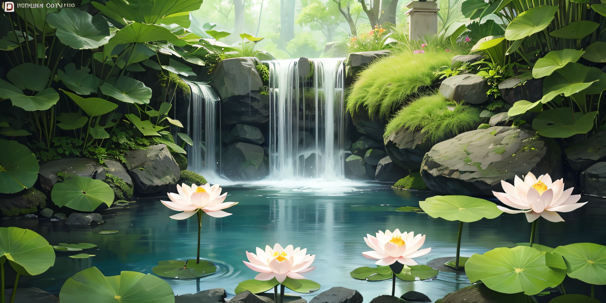 There are many pink flowers in the water near the waterfall, peaceful beautiful waterfall, Cascades waterfalls background, flowers and waterfalls, zen natural background, Cascades waterfalls background, beautiful waterfall, Beautiful wallpaper, Lotus pond, Nature wallpaper, beautiful stunning waterfall, waterfallr(Beautiful, floating waterfalls, serene scene, Lotus, japanese shrine waterfall, lotus flowers on the water, Beautiful nature