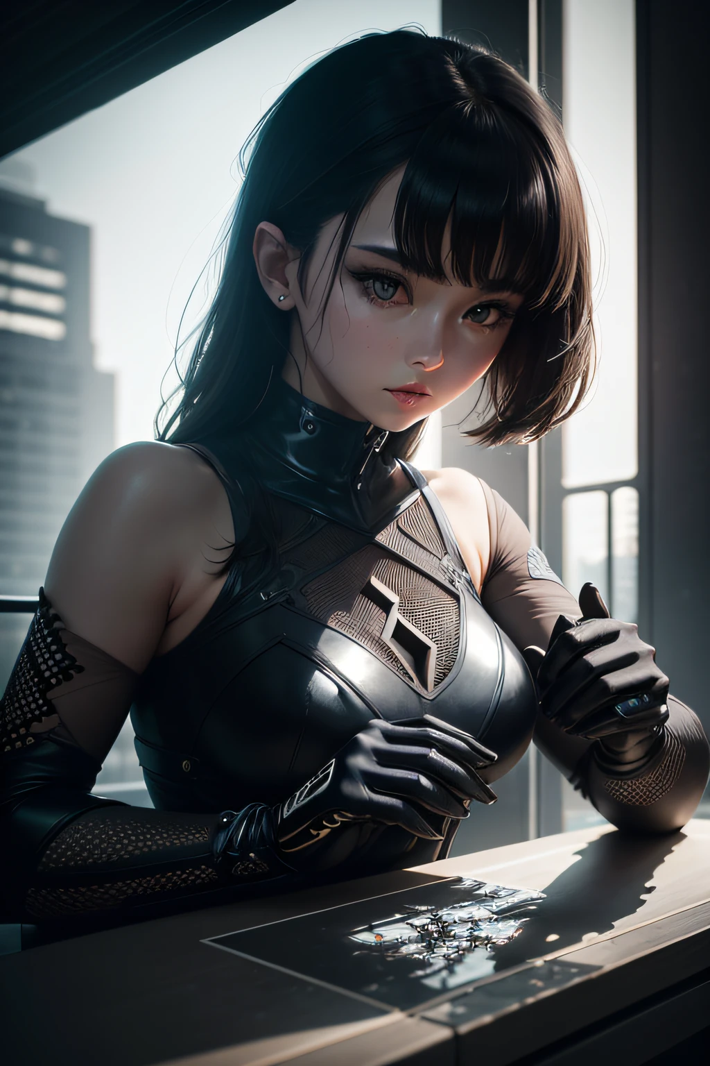 ultra-detailliert,Extreme Detail,Glass Art,Brutalist Influence,Using strobe lighting、Dramatic shadows、highlight、Create images with a sense of depth and dimension,1girl,geometric sharpes,urban aesthetic,industrial design、dynamic ungle,