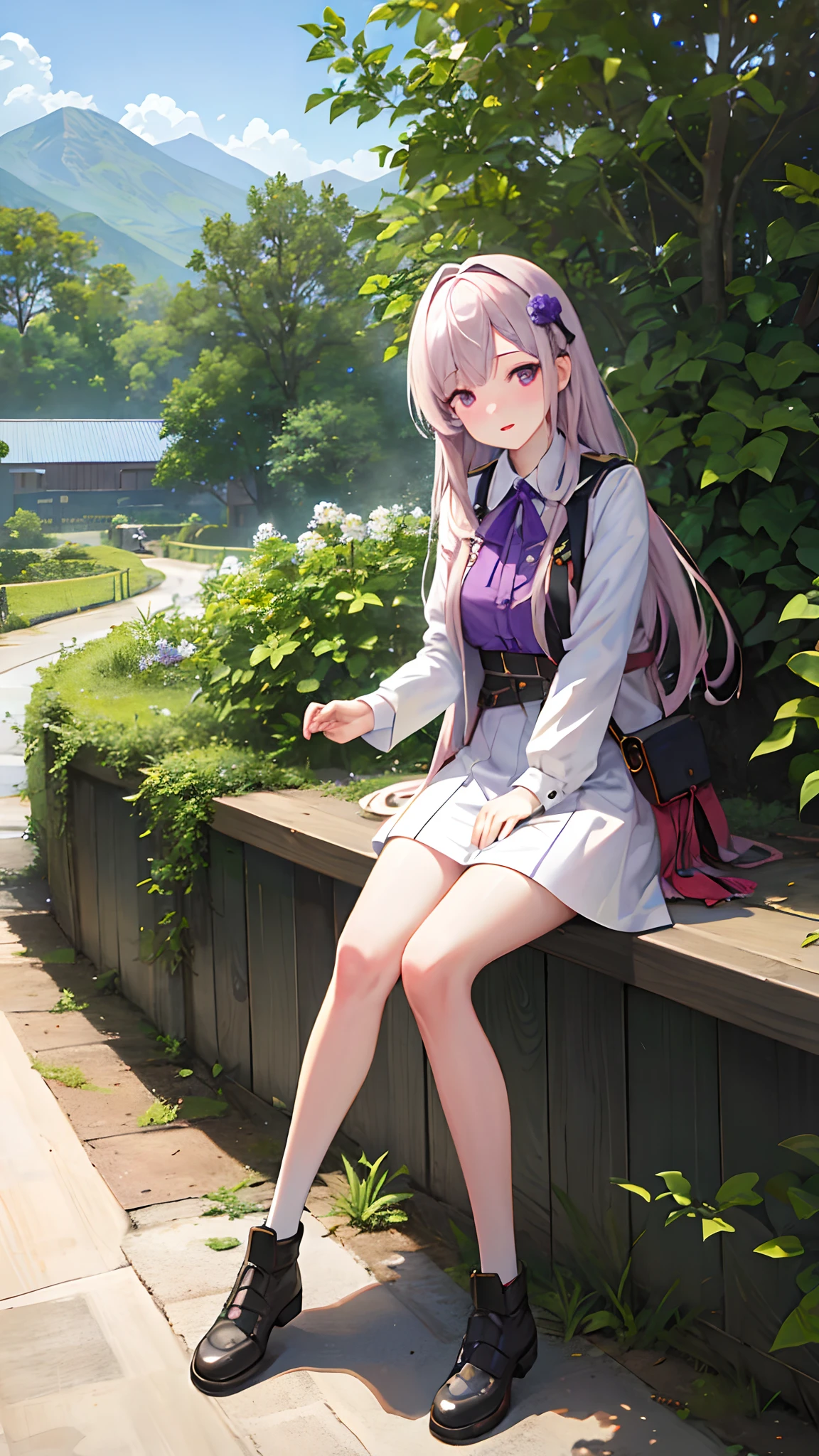 (ultra high res,photorealistic,best quality,photo-realistic),(8k,raw photo,best quality,masterplece),(photon mapping,radiosity,physically-based rendering,automatic white balance),real person,photograph,bridge, building, bush, city, cloud, day, door, fence, field,orest, garden, grass, house, hydrangea, mountain, nature, no_humans, outdoors, path, plant, potted_plant, purple_flower, road, scenery, sky, skyscraper, traditional_media, tree,