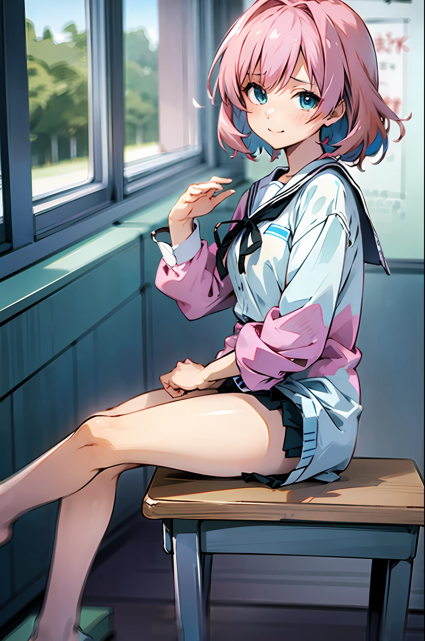 Anime girl with pink hair and blue eyes, wearing school uniform, white shirt, sitting on table, classroom, green board, lesson, midnight, cute face, ultrasharp, 8k, masterpiece, full body, without shoes