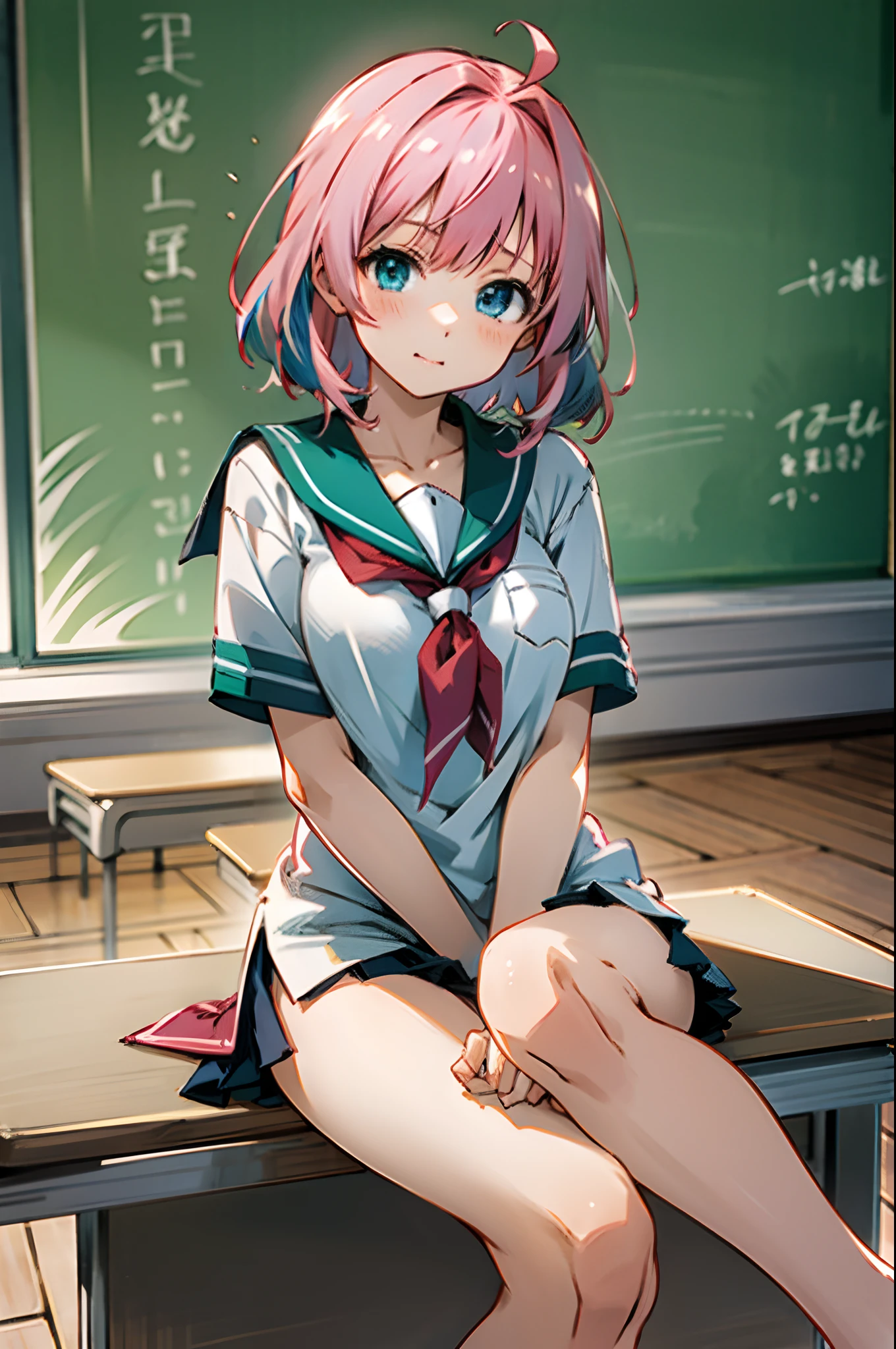 Anime girl with pink hair and blue eyes, wearing school uniform, white shirt, sitting on table, classroom, green board, lesson, midnight, cute face, ultrasharp, 8k, masterpiece, full body, without shoes