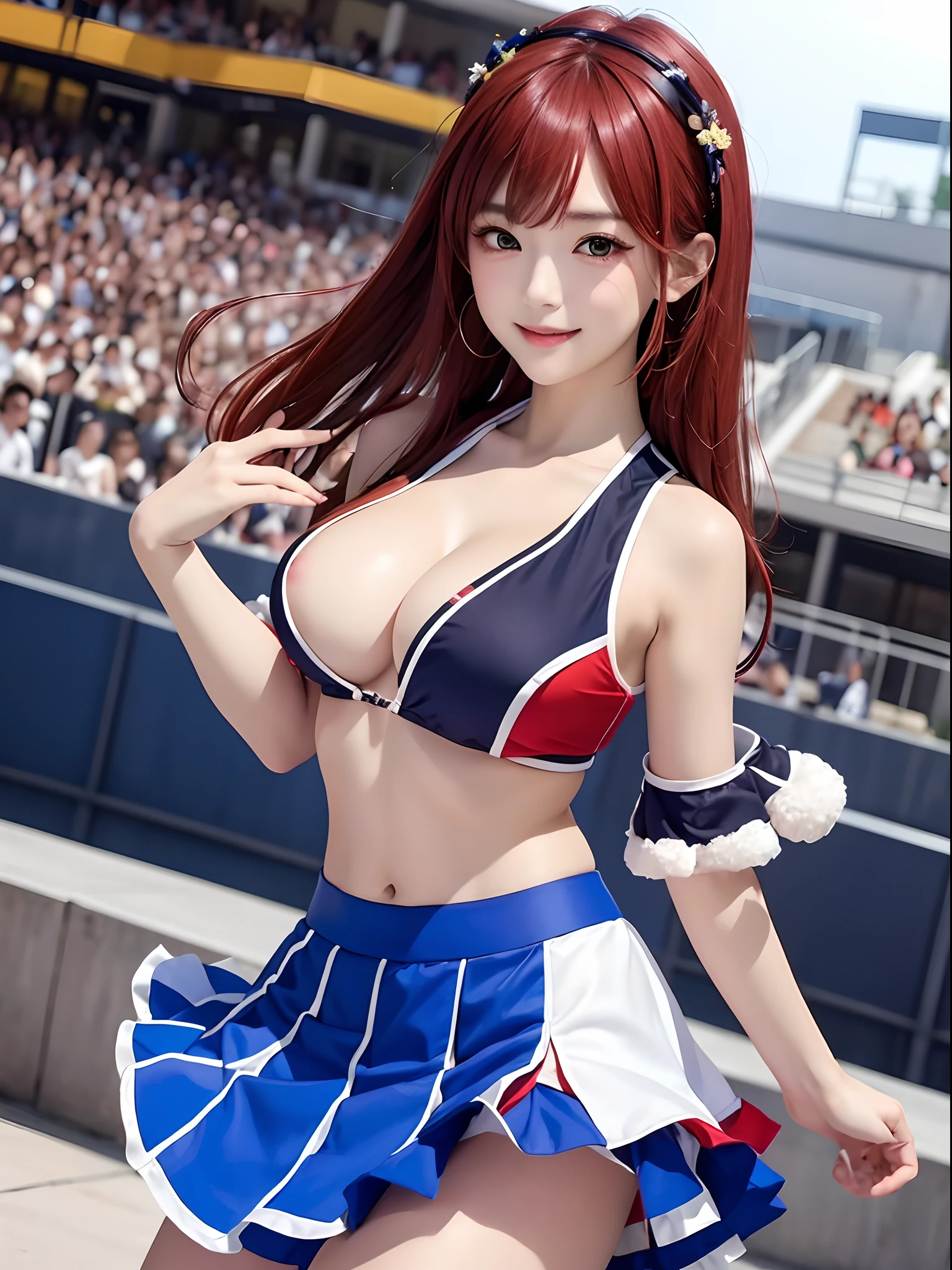 (​masterpiece、top-quality:1.2)、cowboy  shot、独奏、1girll、Sayaka Amamiya、cheerleaders、A smile、open open mouth、looking at the viewers、pompoms\(cheer leading)、skirt by the、Midriff、cleavage of the breast、stadio。raise her legs。short-hair。red hairs。Raise one leg。Black costume。Parted sleeves, bare shoulders​, Center opening, cleavage of the breast, Central chest,appearance々Hair color