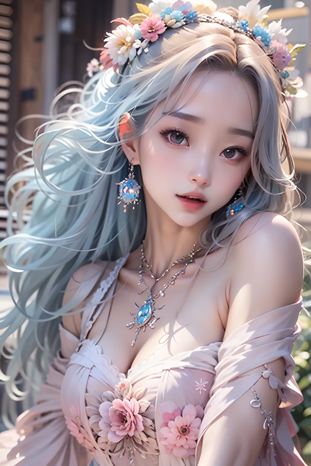 best qualtiy, tmasterpiece, 超高分辨率, (realisticlying:1.5), RAW photogr, 1girll, silber hair, long whitr hair,hair adornments,bshoulders,Cold and glamorous,Sexy look,Cyan and pink tulle dress, Detailed scenes, amazing pose, Eye-catching accessories, Picturesque
