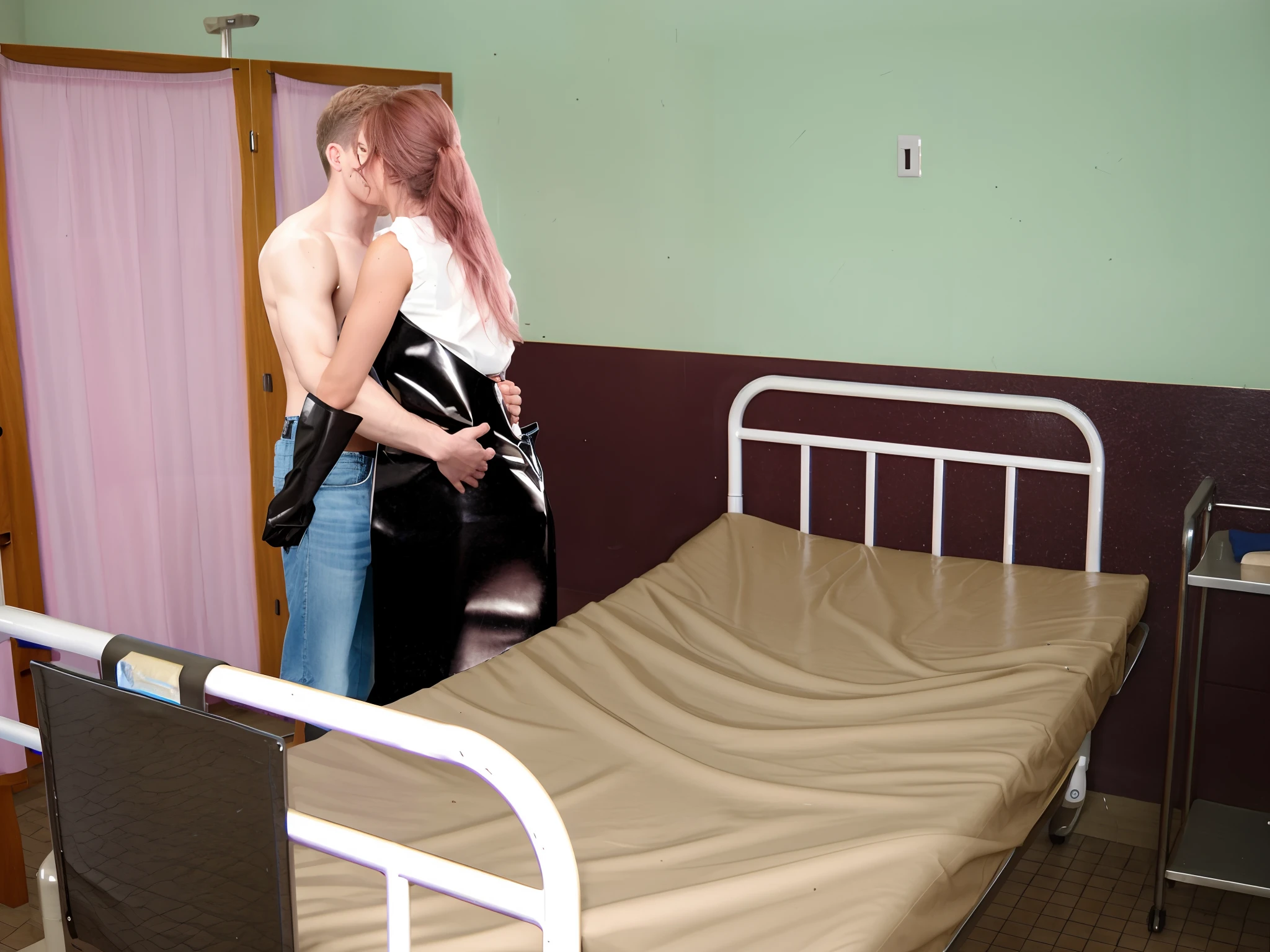 a hospital scene, in the foreground a bed with a shiny wet rubber cover, a pvc sheet on a hospital bed, behind a hospital bed there is standing a very attractive and conspicuously made-up long-haired nurse in a long and shiny black rubber apron and very long shiny black rubber gloves who  is kissing and caressing and hugging and perversely fingering with great passion and devotion a man standing behind her in matt blue jeans and a bare torso