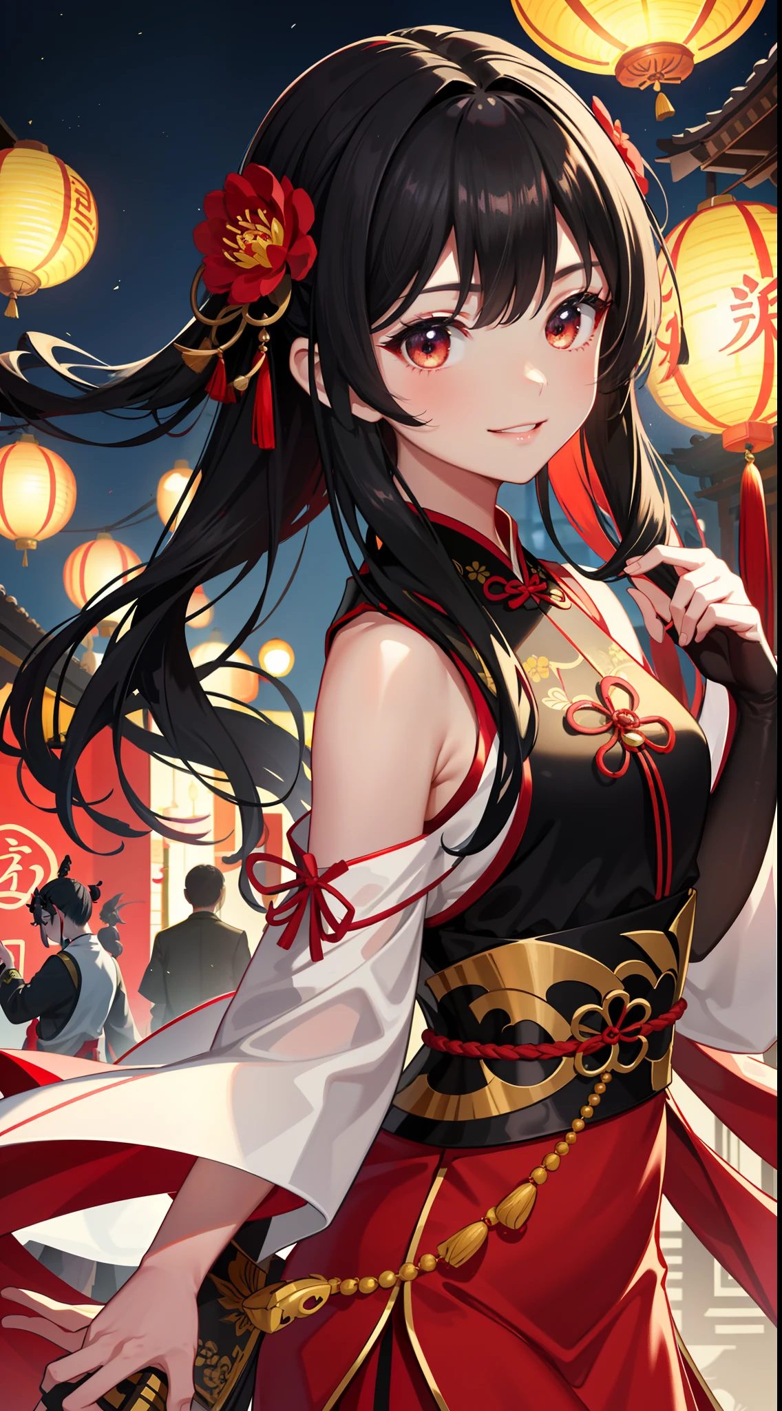 （Positive focus），（in the darkness nigth：1 rapariga），Very detailed faces，Red cheongsam，Black ponytail，Fringed Hair Ornament，Peony Flower Hair Ornament，ChineseGirl，Smile Expression，dynamic viewing angle，the night，Lanterns，Ancient Chinese streets，Multiple Hanfu pedestrians in the background，Award-Awarded，电影灯光，