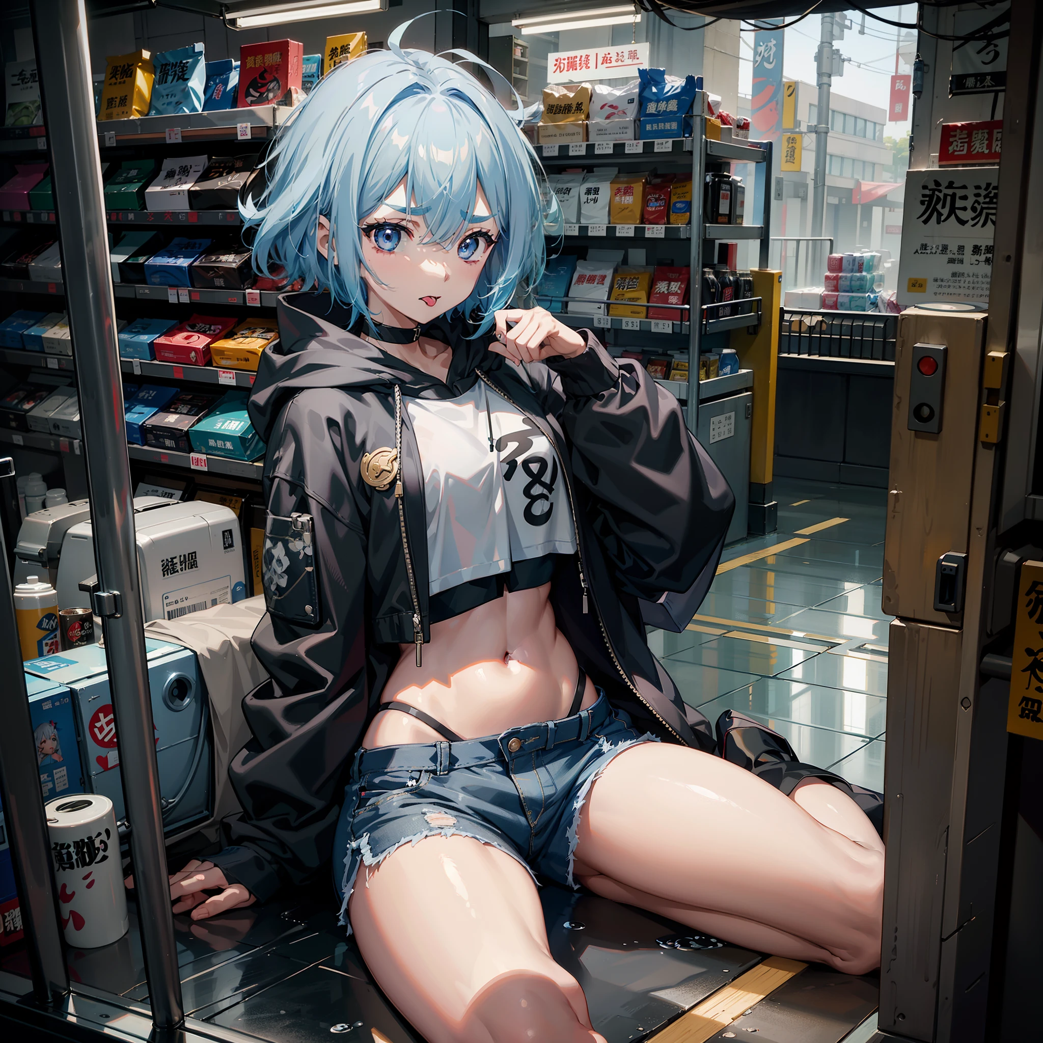 short light blue hair、big eye、Sharp Eyebrows、Dark eyelashes、The appearance of blue paste、A look of shame、sticking out the tongue、gasp、Breath is rough、Navel out、、Shoulder out、Larger hoodie、Short pants、natta、Sitting in front of a convenience store、Sexy Girl、(Highest image quality 8K)、(独奏)