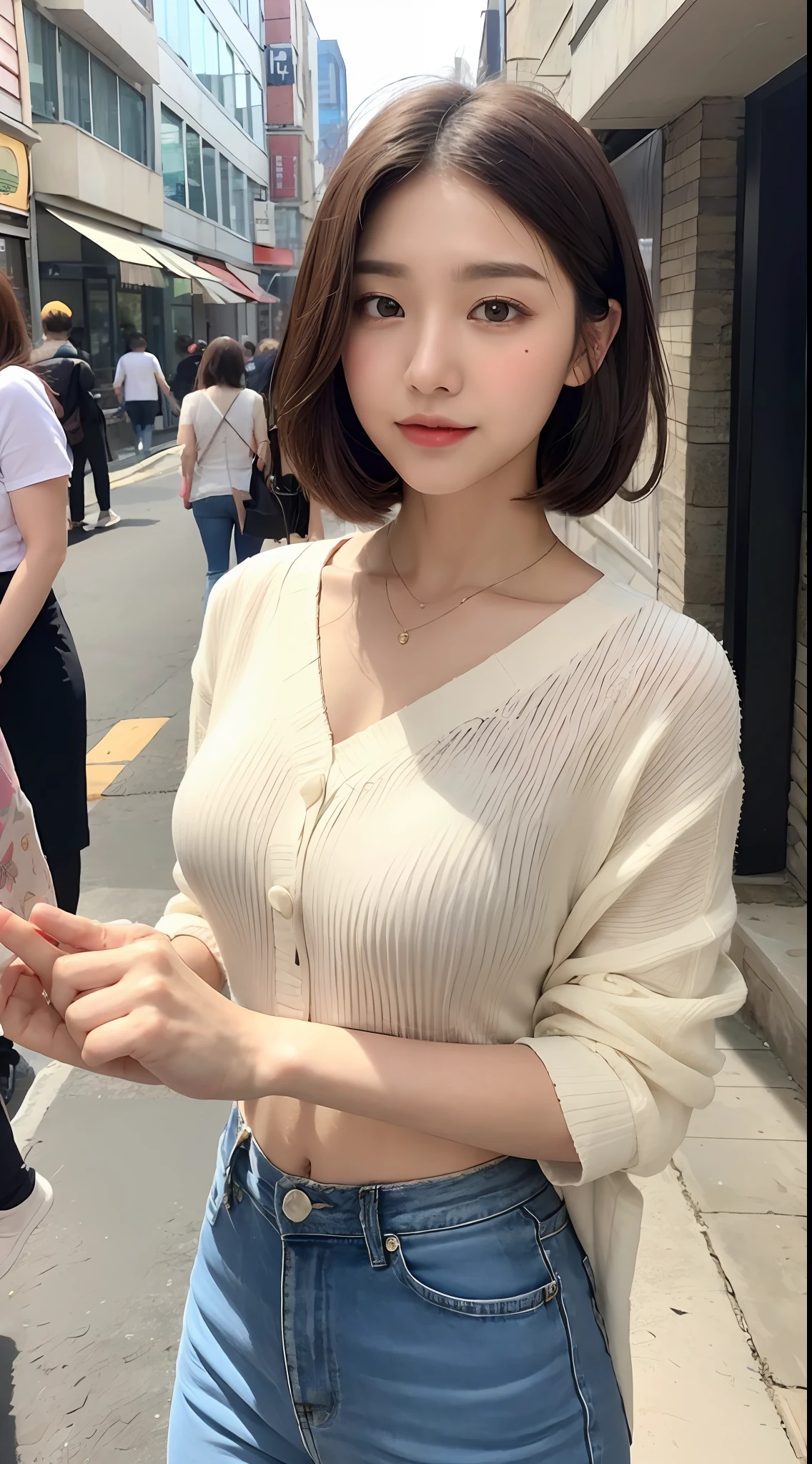 ((best qualtiy,8K,tmasterpiece:1.3)),(Flower Cap:1.3),Perfect beauty:1.4,glute:1.2,(Layered Hair Style:1.2)),(the street:1.3),Highly Detailed Face and Skin Textur,full bodyesbian,Elaborate Eyes,二重まぶた,Whitens the skin,Short wave hair,Cute Korean beauty(with a round face:1.5),(Loose top,shorter pants:1.6)ssmile