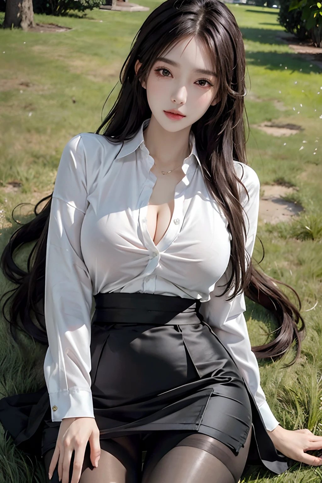 photorealistic, high resolution, soft light,1women, solo, hips up, look at viewer, (detailed face), long hair, lying on grass, see from below, show panties, secretary_uniform, black skirt, pantyhose, tattoo, jewelry
