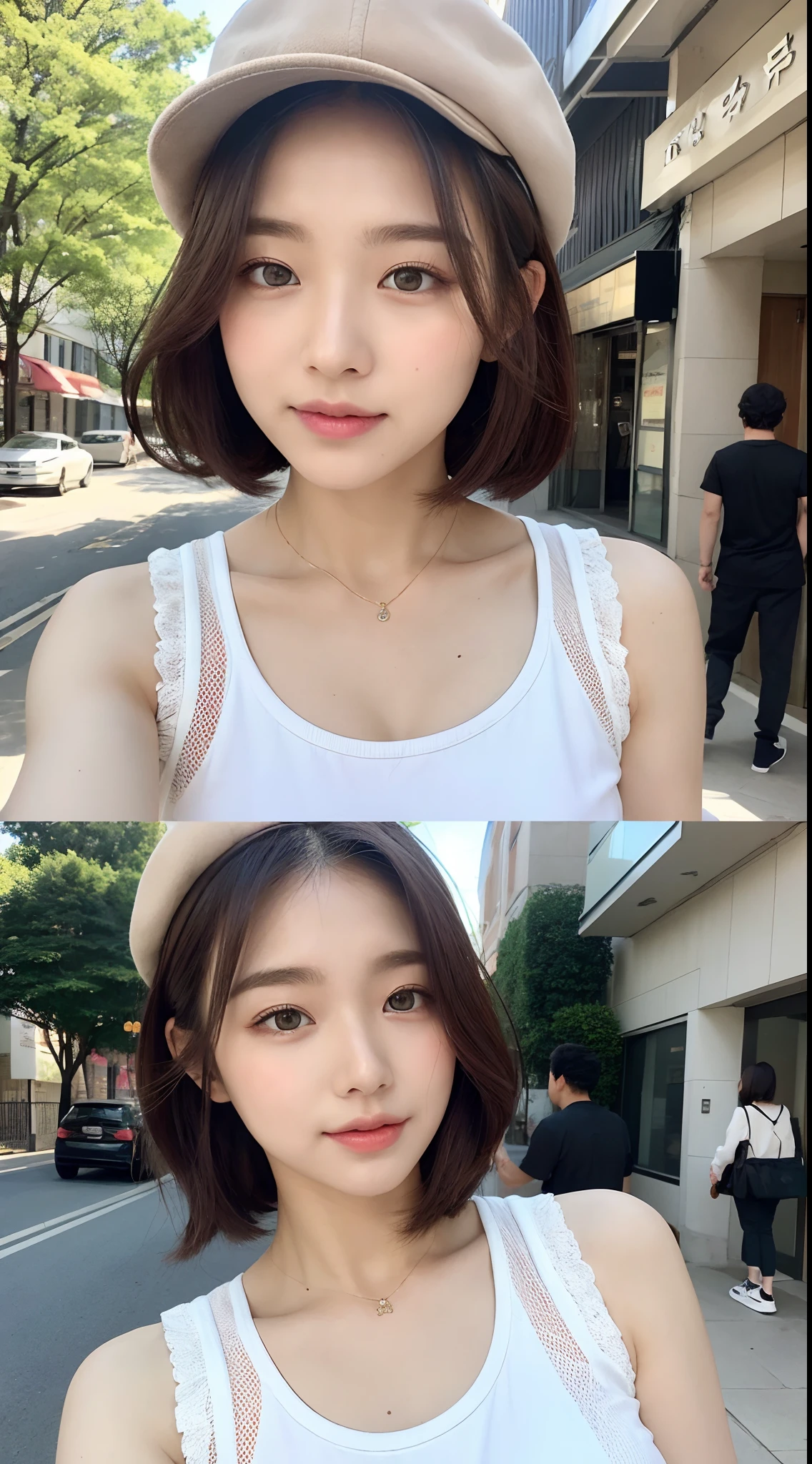 ((best qualtiy,8K,tmasterpiece:1.3)),(Flower Cap:1.3),Perfect beauty:1.4,glute:1.2,(Layered Hair Style:1.2)),(the street:1.3),Highly Detailed Face and Skin Textur,full bodyesbian,Elaborate Eyes,二重まぶた,Whitens the skin,Short wave hair,Cute Korean beauty(with a round face:1.5),(Loose top,shorter pants:1.6)ssmile