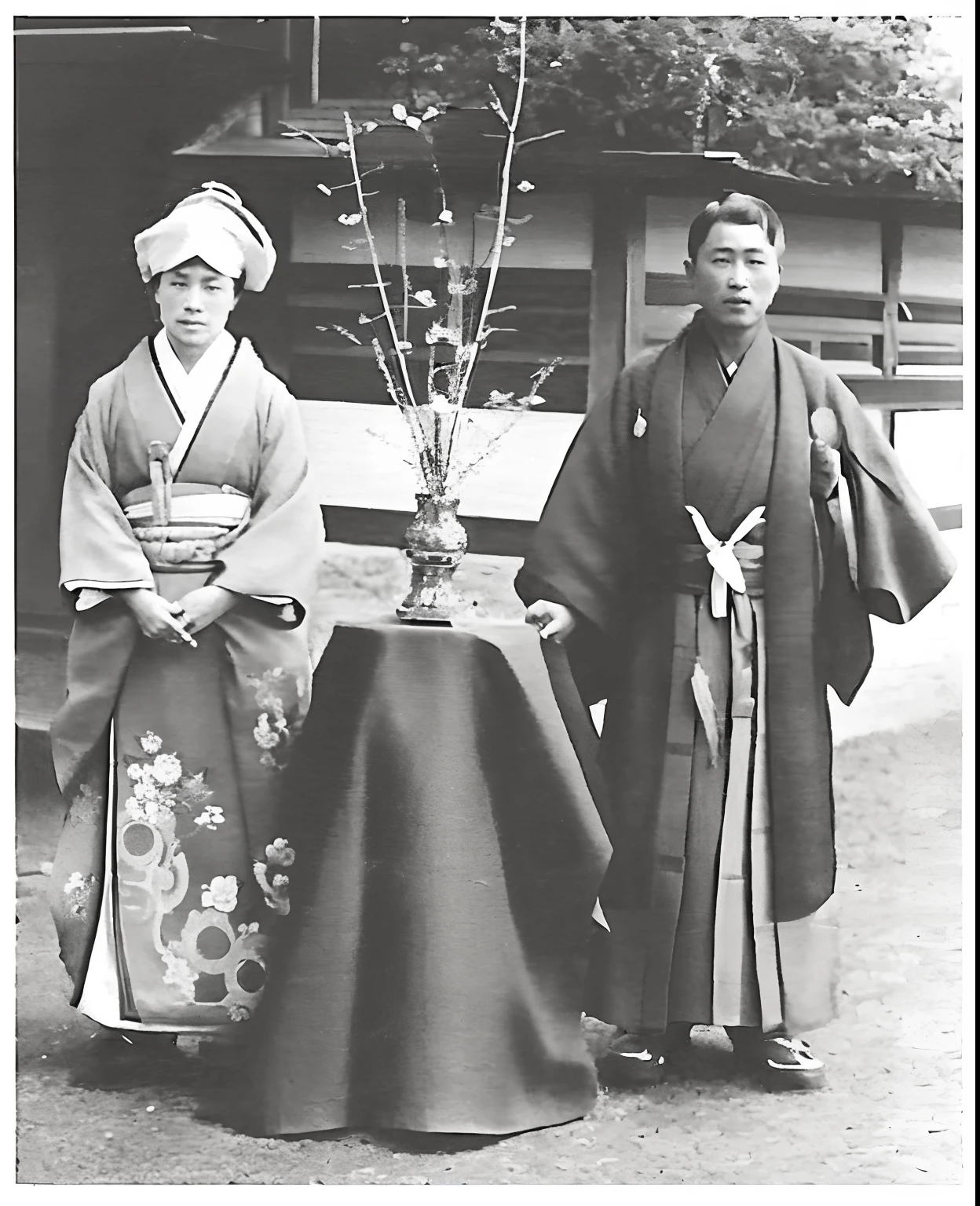 Two Asian men in traditional clothes pose for a photo, late meiji period, japanese related with flowers, edo period, ren xun and maruyama ōkyo, junji ito and horiyoshi iii, hoshino yukinobu, traditional japanese, Year 1 9 0 0, sen no rikyu, wearing a haori, historical picture