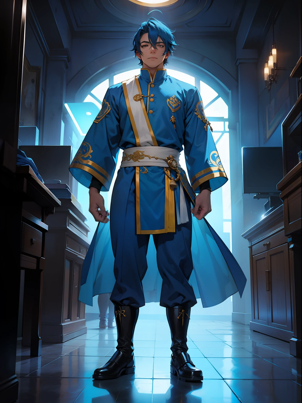 of a guy,Wearing a blue Douluo costume,standing on your feet,nigth,
