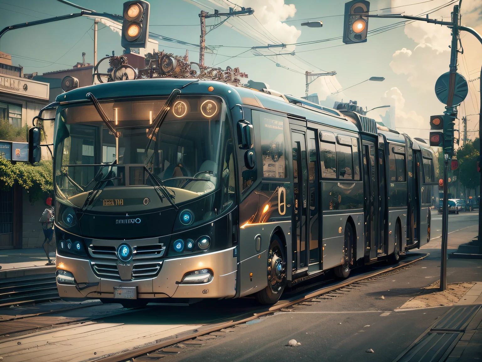 futuristic articulated bus, brancos de fundo, Corpo Steampunk, detalhes intrincados, Magnificent, cinemactic, high resolution, 4k,