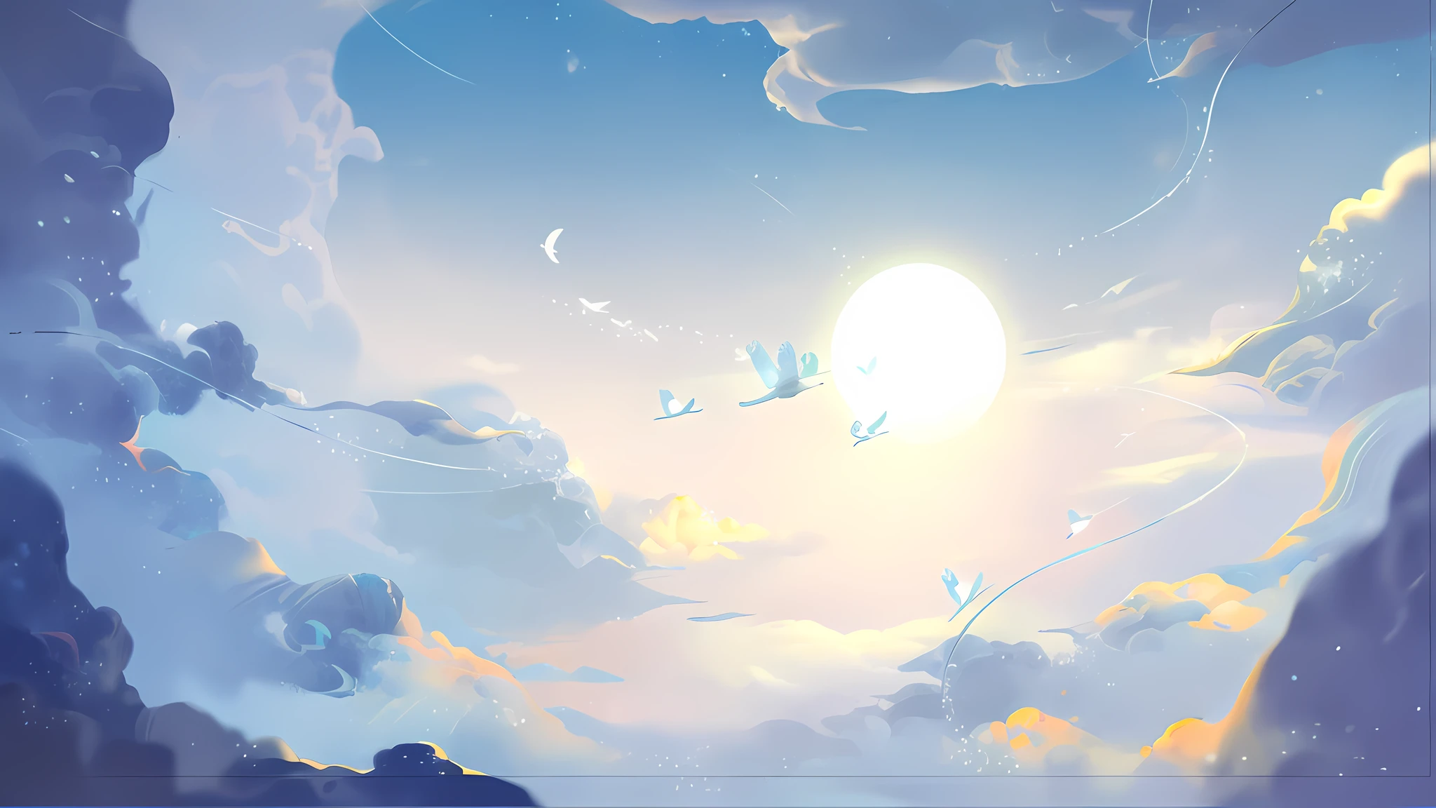 iw 2,Ink archaic,Surrounded by thick clouds,There is a sense of volume,Leave the middle blank,The composition is centered,Light blue vista,The surrounding clouds blur the sky,Purple clouds transition to light blue,Then transition to white clouds、 The sky is twinkled with stars,The stars twinkle,A flock of white cranes flew by,Cool tones with low saturation,Beautiful view of the sky,ssee-through,Faraway view,Ink character style,folds,detailed meticulous,2D,LORA,the detail,Portraits are realistic,Capture every intricate detail with delicate brushstrokes,(realisticlying: 1. 3), tmasterpiece, best qualtiy, (complexdetails:1.2),独奏, sface focus, (closeup cleavage:0.8), 超高分辨率, Correct body structure, Delicate skin, Half of the chibi, cyber punk perssonage, , 2D Pixar animation style, Christopher Studio Lighting, Realiy, best qualtiy, Professional Lora, In style romantic soft focus and ethereal light, 2D, cartoony, by Pixar:2。 5 Style,Extremely detailed CG Unity 8K wallpaper, Extremely delicate CG Unity 8K, dramatic, intricately details, 2D --s 750 -iw 2 -niji 5 -style expressive -ar 16:9 -