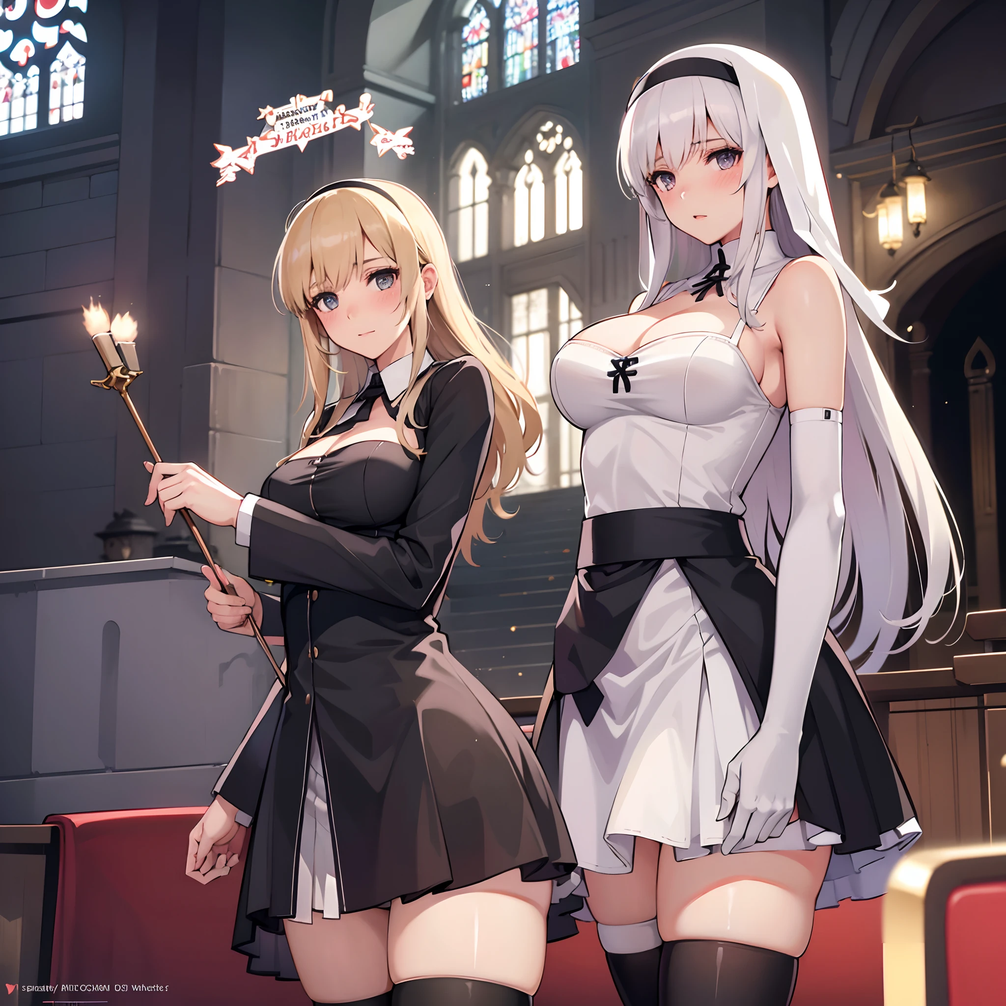 nun,large breasts,white underwear,(panty shot),((mature female,adult female))),25 years old,thong,(skirt),2girls,thighhighs,in church,groin,blush,cleavage,in heat,happy,long hair,(((Mother I'd Like to Fuck))),from below