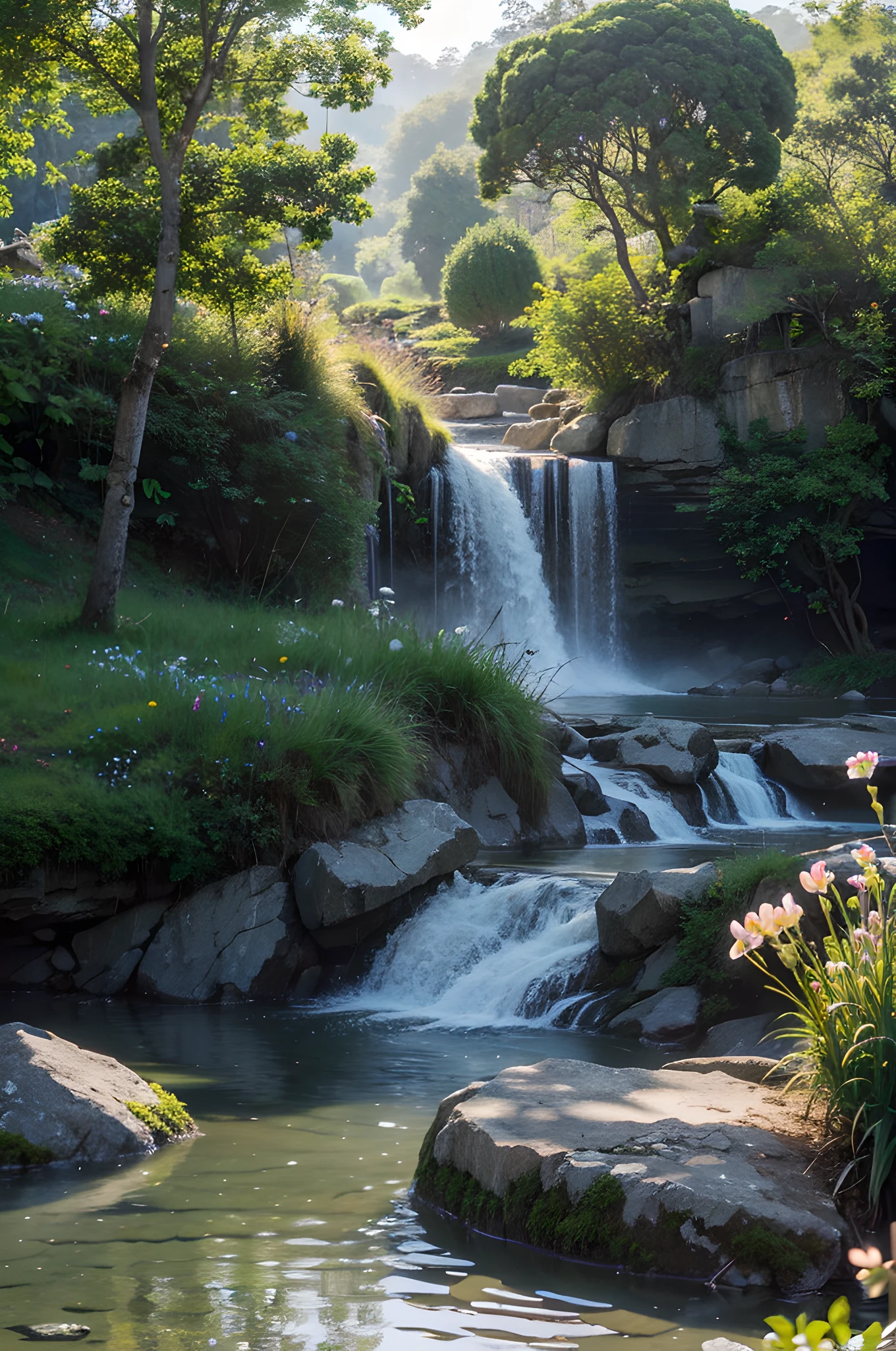 (extremely detailed CG unity 8k wallpaper),(((masterpiece))), (((best quality))), ((ultra-detailed)), (best illustration),(very clean), ((an extremely delicate and beautiful)),fairyland,dynamic ,sea of flowers,beautiful detailed garden,wind,classic,spring, (detailed light),feather, nature, (sunlight), river, forest,(((floating palace))),((the best building)),beautiful and delicate water,(painting),(sketch),(bloom),(shine),waterfall