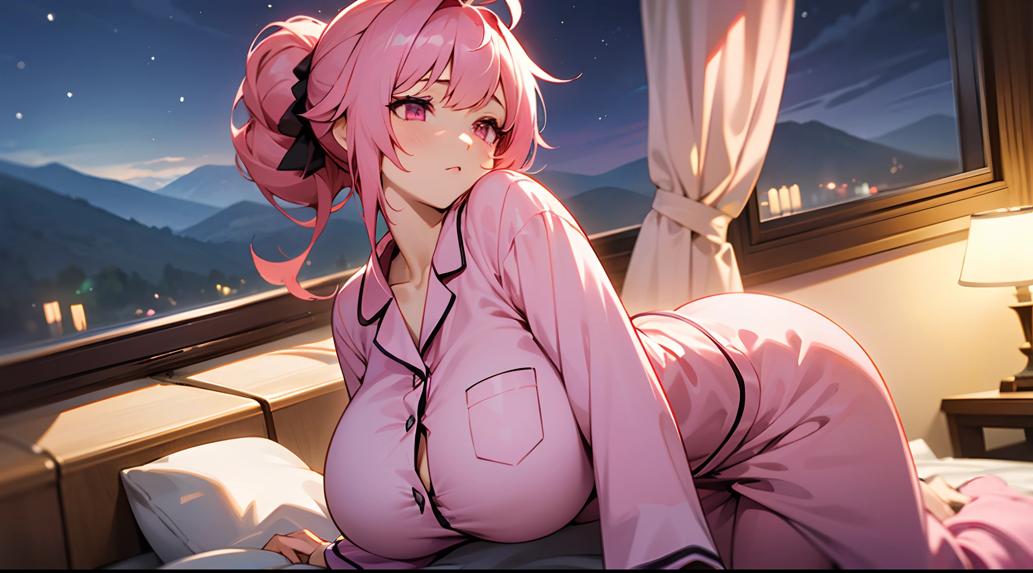 1 girl, game cg, pink pajamas, gigantic breasts, pink hair, long hair, hair up, princess hairstyle, ahoge, pink eyes, night, mountains, indoor,