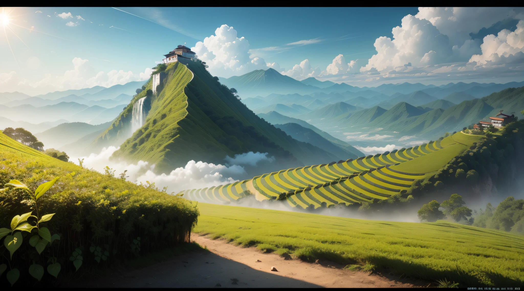 Chashan light upper right corner sun，Clouds，and the sun was shining brightly，Green oil tea。tea plant，Great view，heads of mountains，Layers of mountains，Double Mountain，The best treatment。A mountain