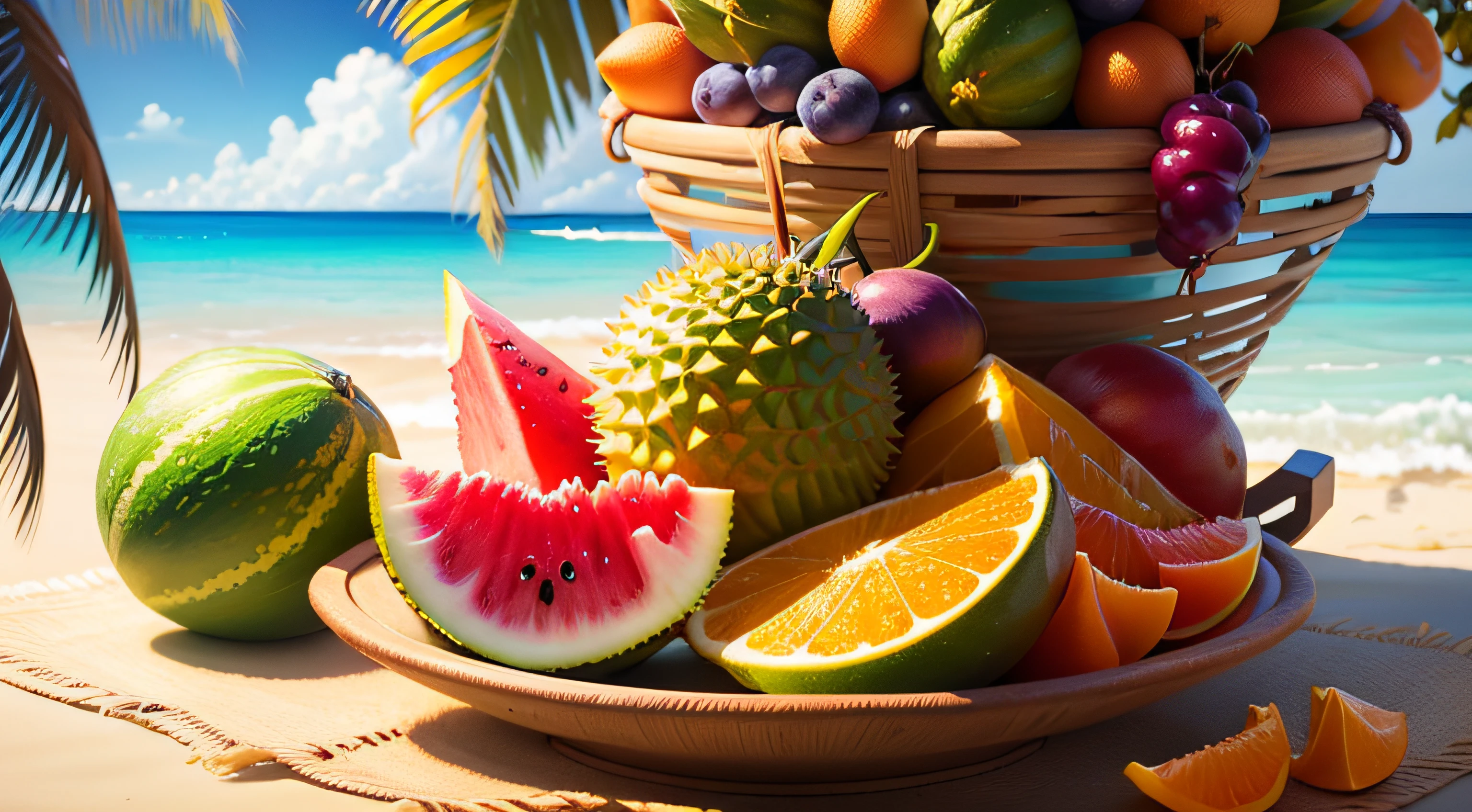 Super exquisite summer beach poster,Detailed and realistic,The colors are vivid and moving,Tropical fruit durian、Mangosteen、dragonfruit、Winter dates and coconuts complement the vivid colors of oranges and grapes,Watermelon is sweet and juicy,Immerse yourself in the beautiful atmosphere of summer。