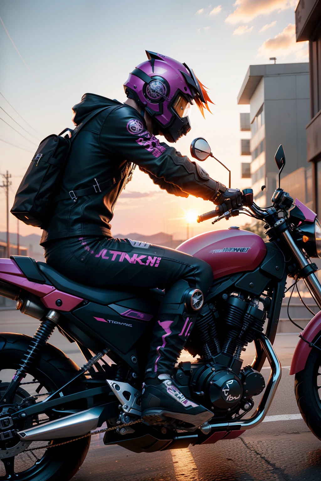 (nvinkpunk:1.2) SNTHWVE style motorcycle、lightwave、the sunset、iintricate、The is very detailed。