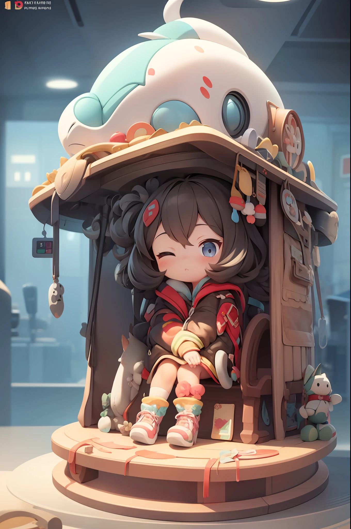 pop mart，Model，A lonely child，With his eyes closed，sat on the ground，Plastic material，exquisite detailing，Cute shape，3Drenderingof，oc rendered，Best quality at best，4K，super detailing，front-facing view，POP market toy，studio lit