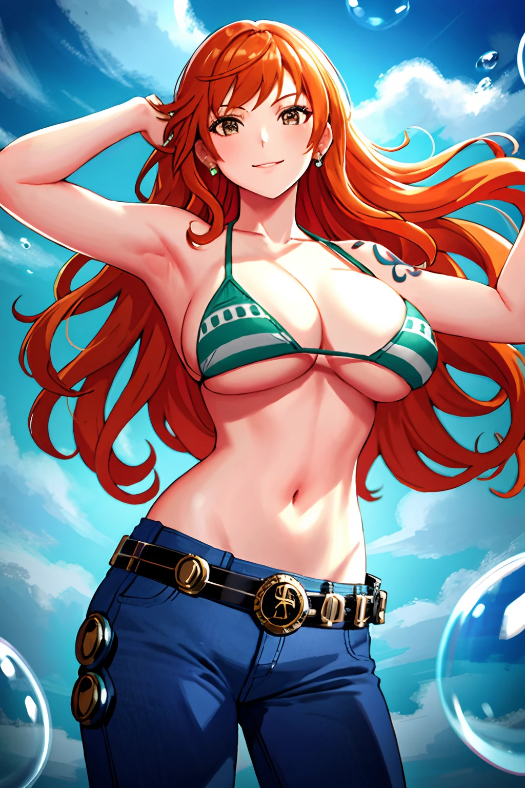 detailed background, masterpiece, 2k, center on face, nip slip, best quality, 1girl, solo, nami \(one piece\), 1girl, bangle, hands out of frame, detailed arms, strong arms, muscular body, flex muscles, seductive, bangs, bare shoulders, belt, bikini, bikini top only, blue sky, bracelet, breasts, brown eyes, bubble, cleavage, cloud, cowboy shot, day, denim, earrings, floating hair, green belt, green bikini, groin, jeans, jewelry, large breasts, log pose, long hair, looking at viewer, navel, orange hair, pants, shoulder tattoo, sidelocks, sky, smile, solo, standing, stomach, swimsuit, tattoo