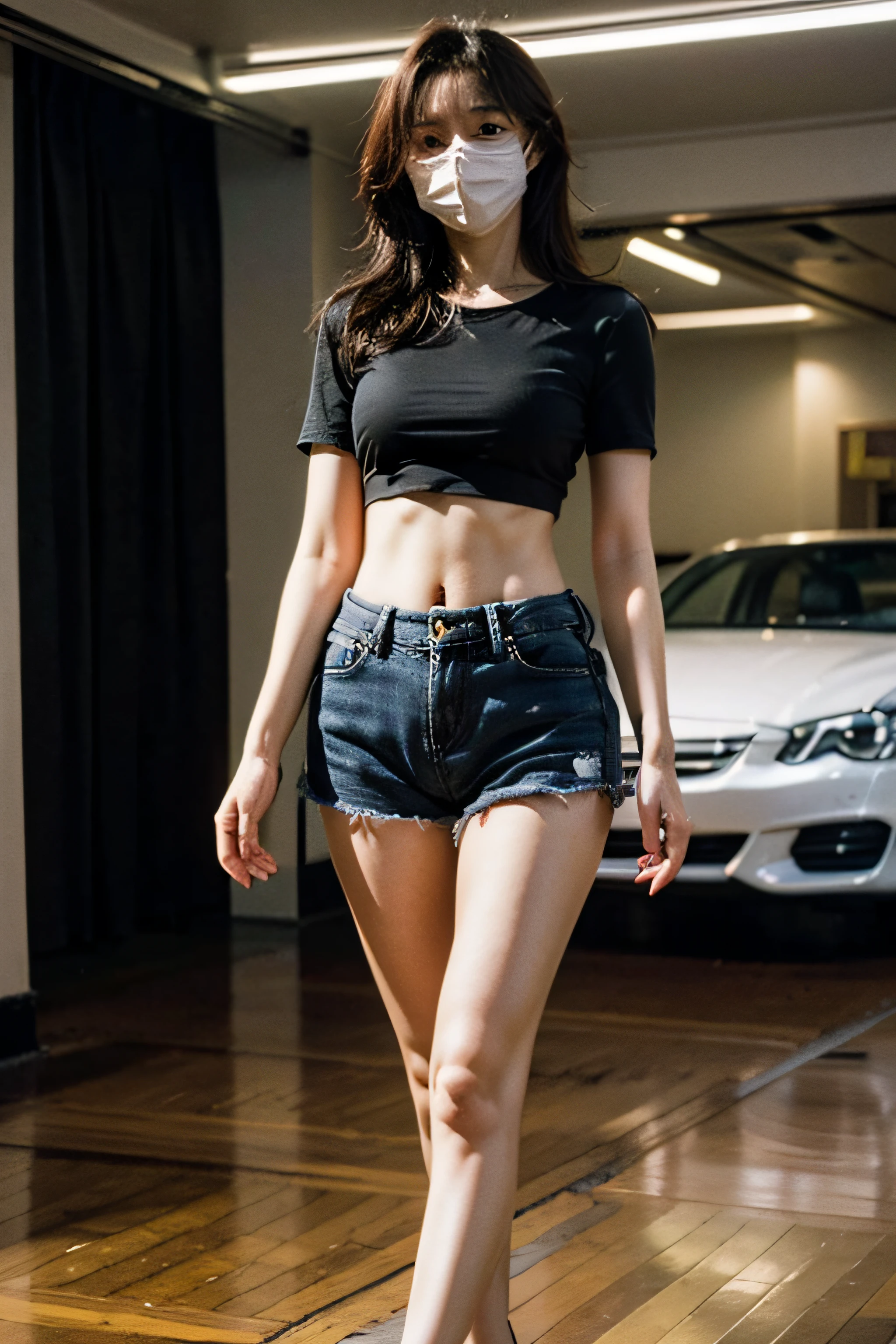 Best Quality, Masterpiece, High Resolution, 8K, (Realistic: 1.4), Ultra High Resolution, 1 Girl, Ultra Detailed, Surreal, Highly Detailed CG Illustration, Official Art, Cinematic Light, Reality, Young Beautiful Girl, Perfect Figure, Perfect Figure, Full View, Perfect Body, (Starting below: 1.3), Mask, Pose, Sexy Long Legs, Confident, Beautiful Sexy, Grey Short Sleeves, Open Abdomen, Black Super Shorts, S-shaped Body, Upturned Hips, Assuming, Posing, Different Perspectives