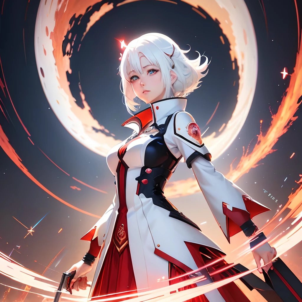 Anime girls in a spinning vortex，White hair and red dress，Anime epic artwork，advanced digital anime art，white-haired god, 8K Anime Art Wallpapers，digital anime art, Anime fantasy illustration，Guweiz in Pixiv ArtStation