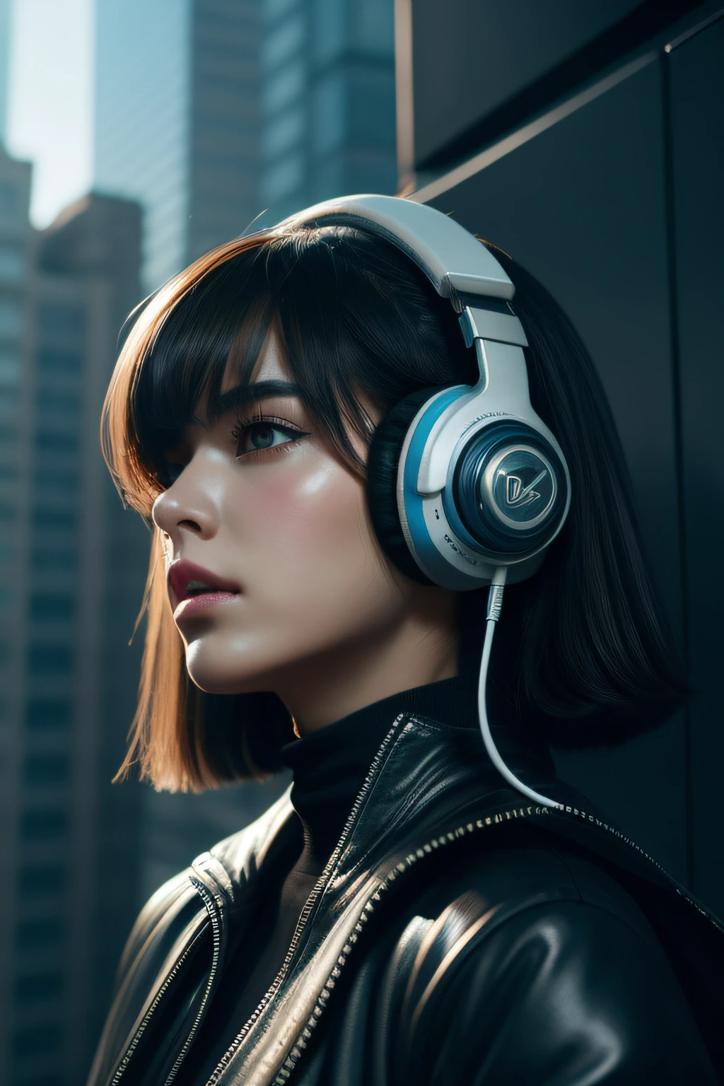 cyber punk perssonage,Acrylic paints,A cool girl with headphones,Beeman is an urban building,bust[Dreamy tones,unreal-engine,HD8K
