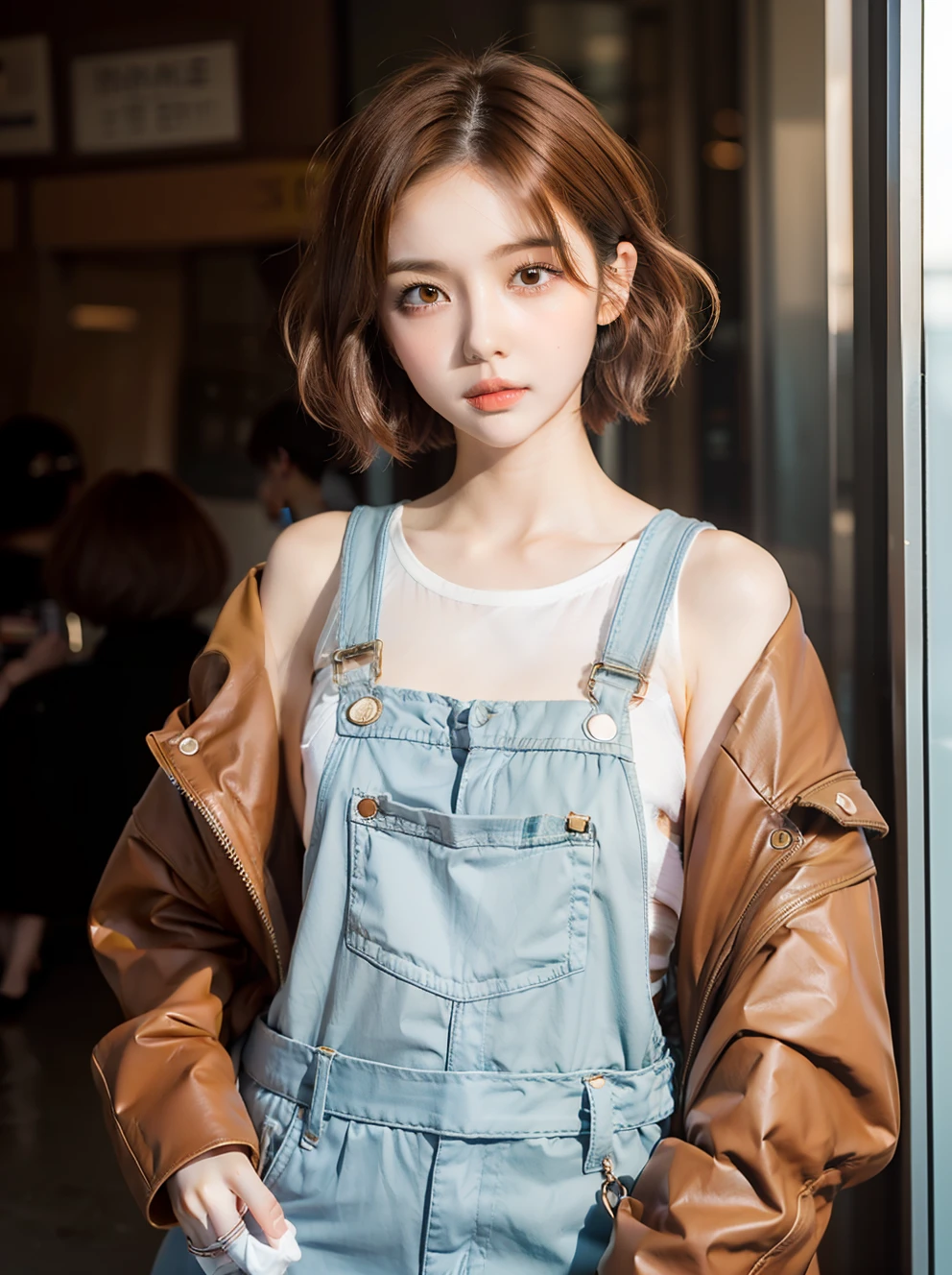 Boyish makeup, ((mash short cut, brown hair color, permanent hair)) street fashion,