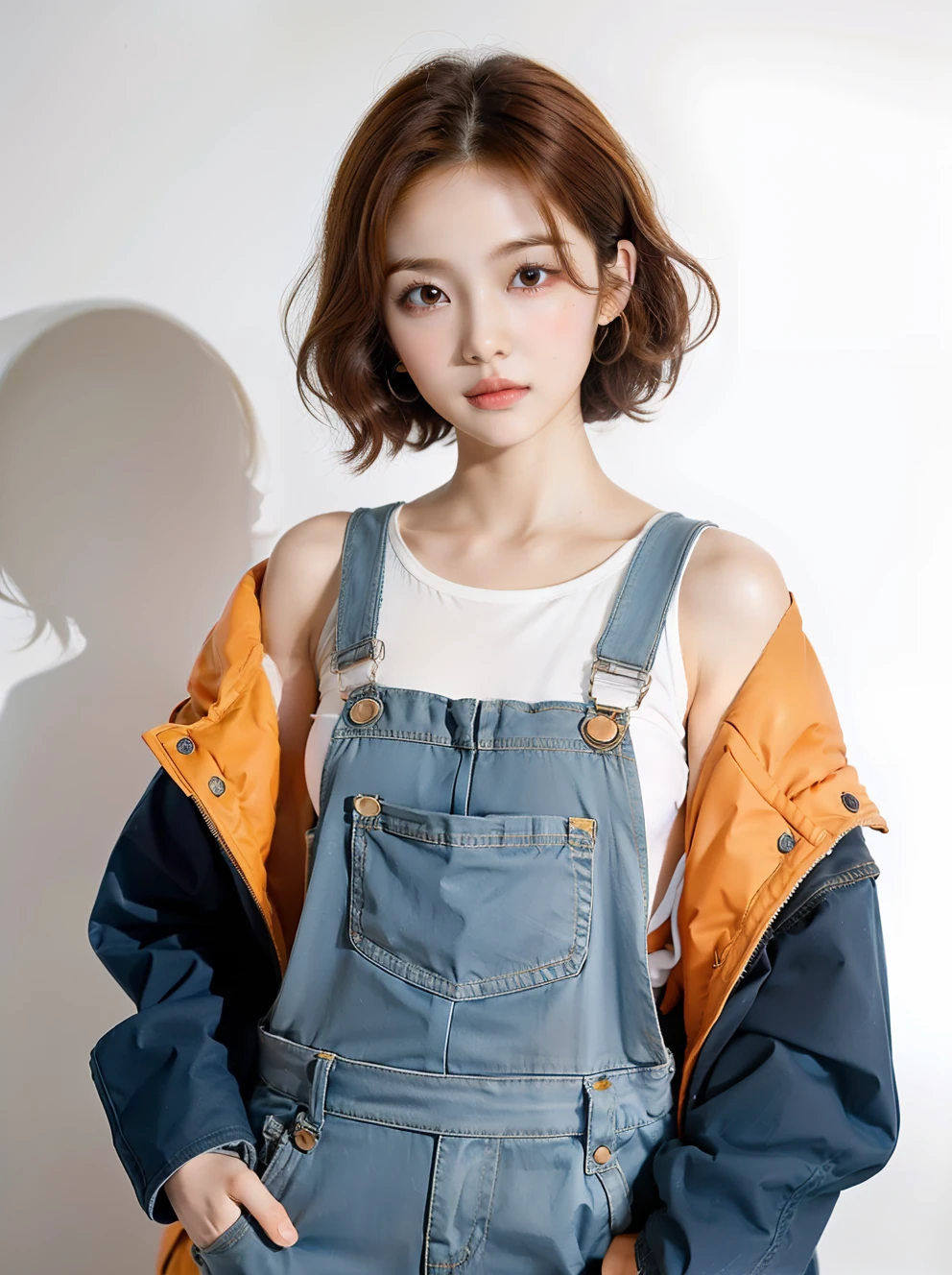 ((masutepiece, of the highest quality, High Definition)),Create an image of a college girl standing in front of a white background, Wear overalls. Her attire should include a coat of décolleté, Jodhpur, And jackets. Styling her in 1990s fashion, Influence on Chie Yoshii's style, Incorporate overalls for a cute look. Her hairstyle should be a boyish short hair with a perm, Has an orange-brown hair color."