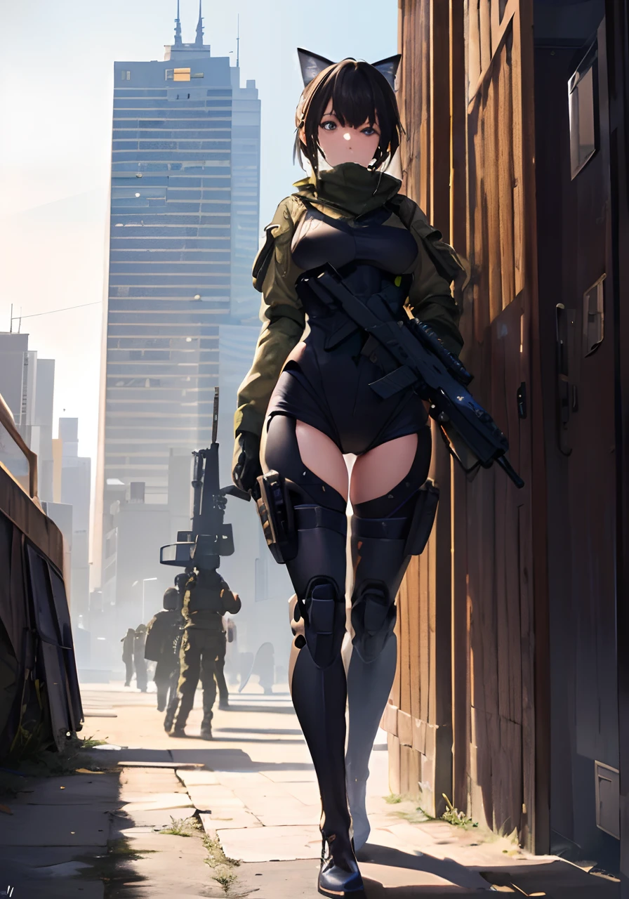 (Excelente, profissional, surreal), towering buildings rise from the ground to form a magnificent landscape of the futuristic city. Adolescente Usando uma arma, Usando roupas militar, Its arms are equipped with powerful energy weapons and are ready to meet the challenges of battle. vemos uma adolescente impressionante, destacando sua figura perfeita. Wearing miLitar clothes contrasts with the meta-like texture of the robot, showing a unique visual effect. The girl's firm and resolute eyes show that she is fearless (the girl is in good shape, usando roupas militares, mostrando o umbigo, peitos enormes) ((seios super enormes))