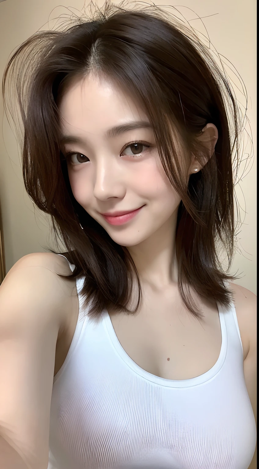 ((top-quality、8K、masterpiece:1.3))、1girl in、Slender beauty with an emphasis on muscles:1.3、(Random Hair Styles:1.2)、Red Tank Top、A detailed face、detailedeyes、二重まぶた、A smile、Colossal tits、perspiring、Tired