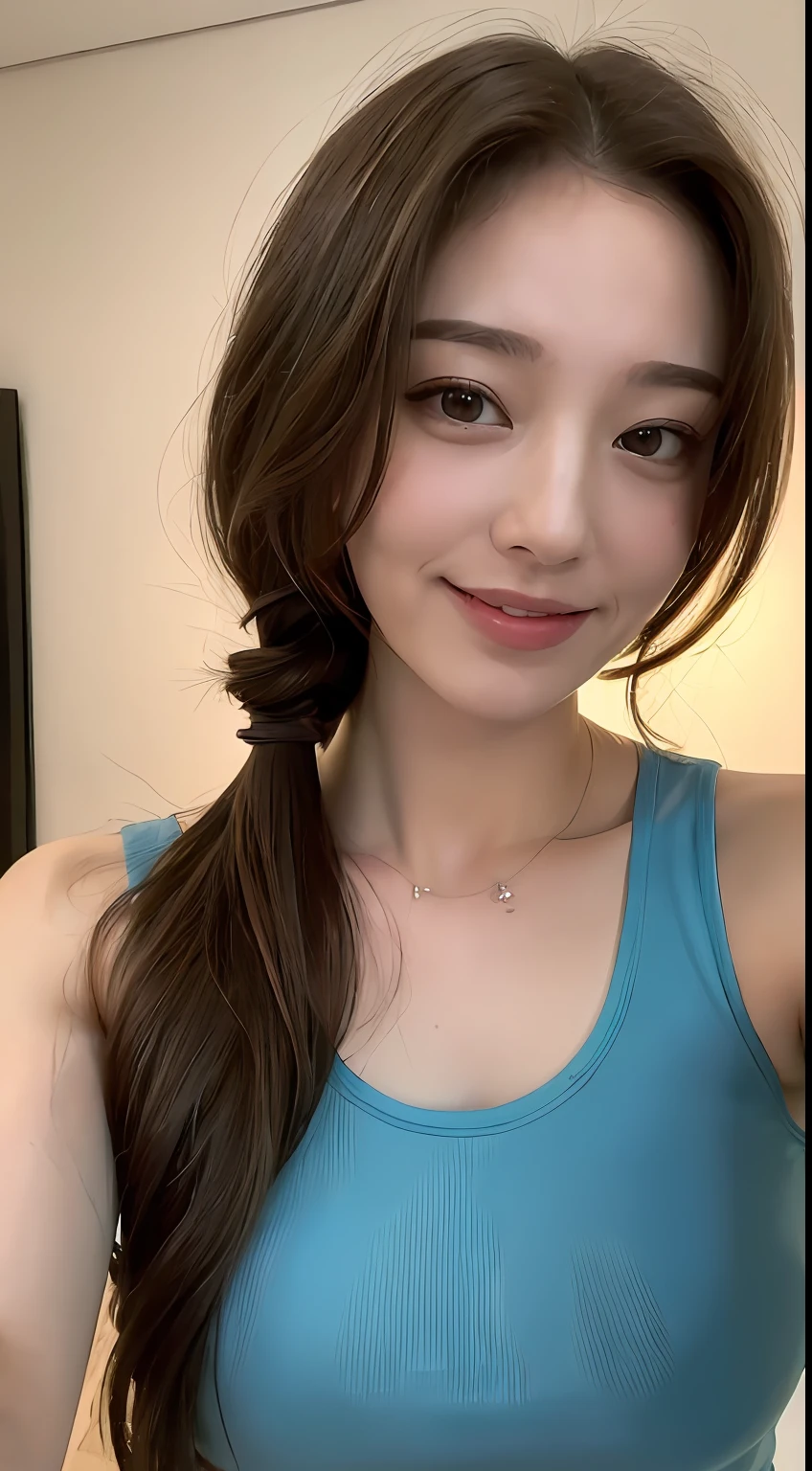 ((top-quality、8K、​masterpiece:1.3))、1girl in、Slender beauty with an emphasis on muscles:1.3、(Random Hair Styles:1.2)、Red Tank Top、A detailed face、detailedeyes、二重まぶた、A smile、Colossal tits、perspiring、Tired