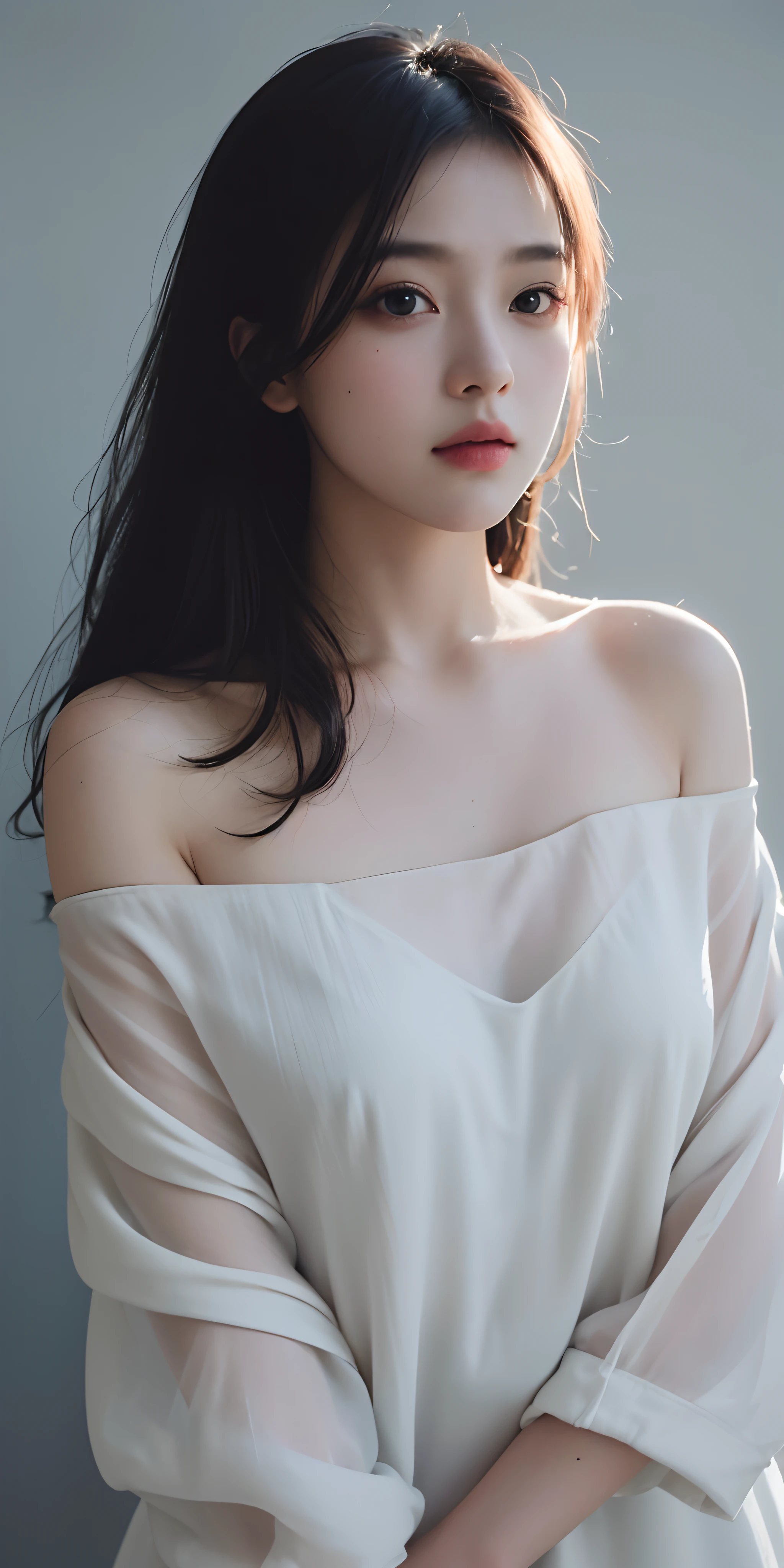 Best quality, masterpiece, ultra high res, (photorealistic:1.4), raw photo, 1girl, offshoulder, in the dark, deep shadow, low key, cold light, background white, vista, whole body