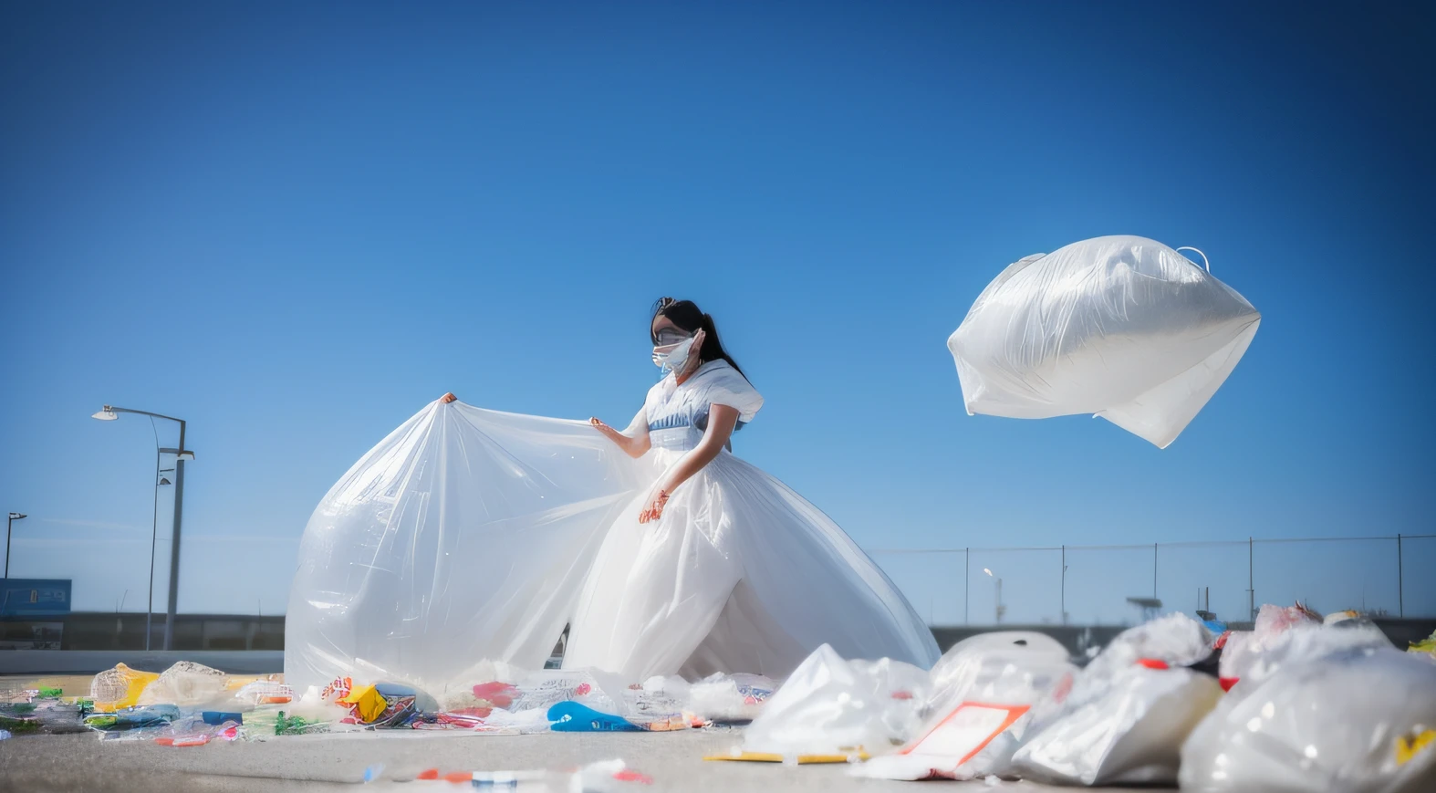 Clear garbage bags in the air