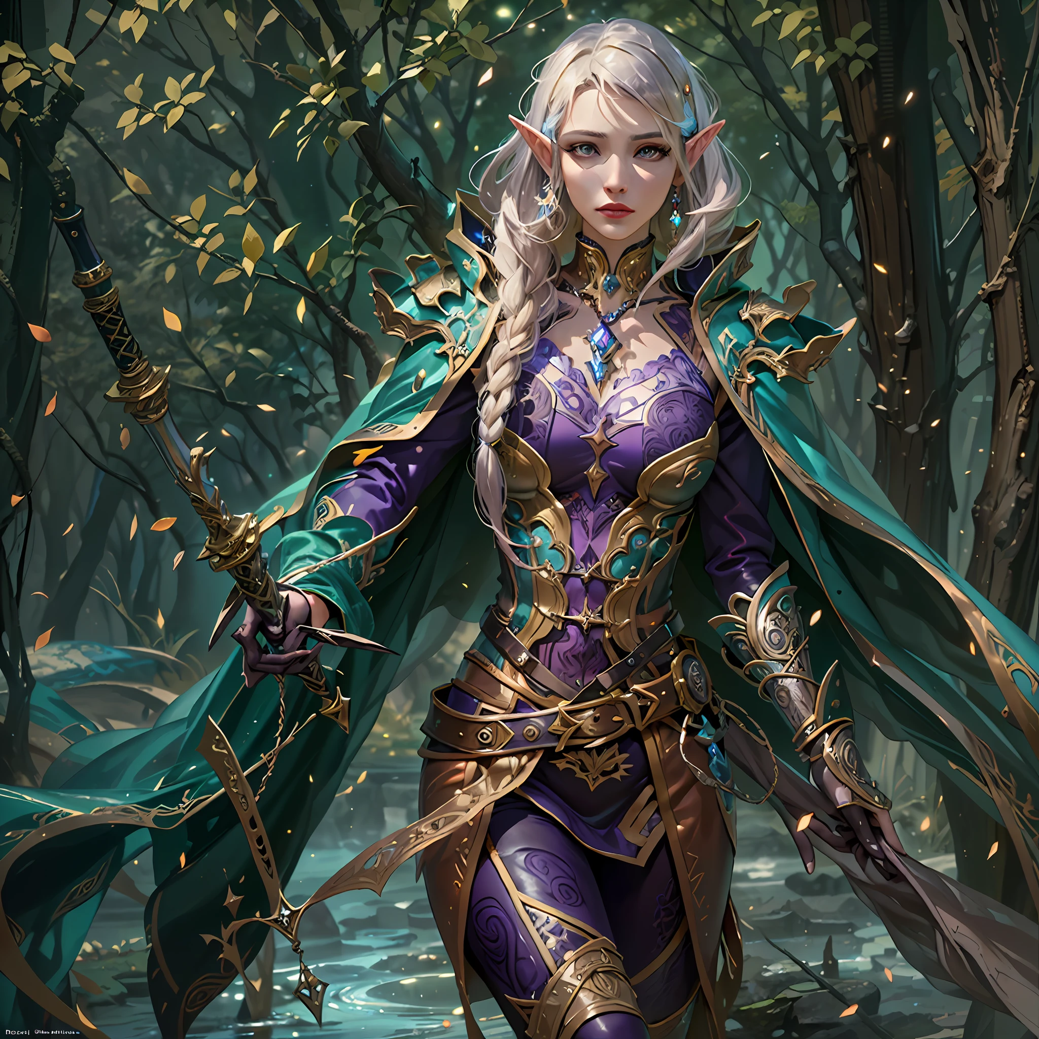 arafed a picture of a female elf (intense details, Masterpiece, best quality: 1.5) fantasy swashbuckler, fantasy fencer, armed with a slim sword, fantasy sword sword (intense details, Masterpiece, best quality: 1.5), metallic shine, colorful clothes, an ultra wide shot, full body (intense details, Masterpiece, best quality: 1.5)epic beautiful female elf (intense details, Masterpiece, best quality: 1.5), [[anatomically correct]],  rich hair, braided hair, long hair, small pointed ears, fantasy urban street (intense details, Masterpiece, best quality: 1.5),  purple cloak  (intense details, Masterpiece, best quality: 1.5), long cloak (intense details, Masterpiece, best quality: 1.5), elven leather armor (intense details, Masterpiece, best quality: 1.5) sense of daring, sense of adventure, controlling a swirling colorful magic runes (intricate details, Masterpiece, best quality: 1.5), manipulating colorful magical runes (intense details, Masterpiece, best quality: 1.5) high details, best quality, 8k, [ultra detailed], masterpiece, best quality, (extremely detailed), dynamic angle, ultra wide shot, photorealistic, 3D rendering,  RAW, fantasy art, dnd art, fantasy art, realistic art,