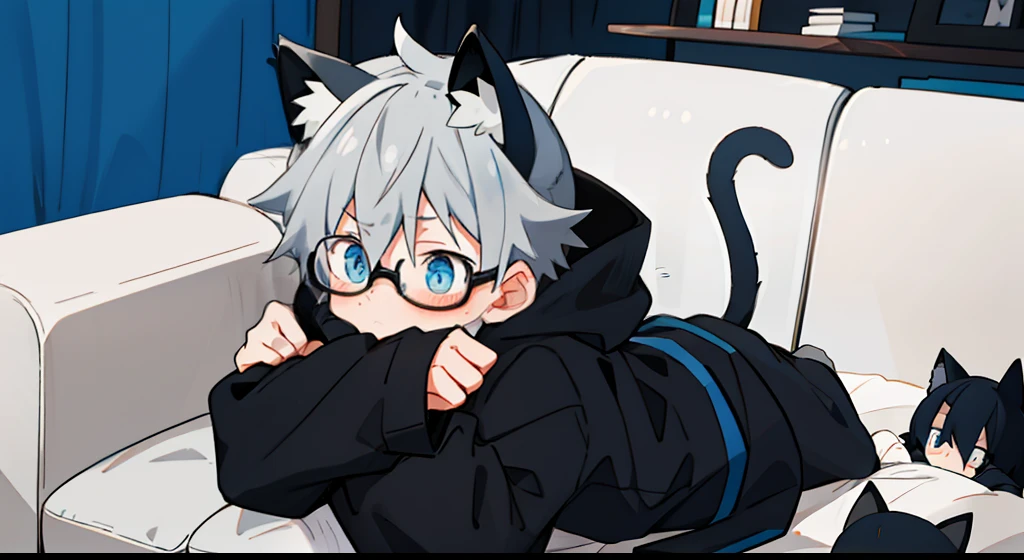 boy boy, black and gray hair, wear round glasses, blue eyes, shyness, Hugging stuffed animals, Wear an oversize hoodie, black short pants, Black socks, lying on the couch, cat ears, cat tail, crying